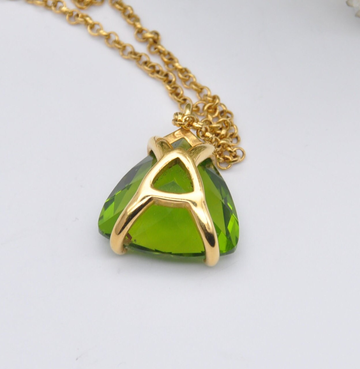 Vintage Gold Filled Green Glass Stone Pendant Necklace on Original Chain - Quality Mid-Century Costume Jewellery