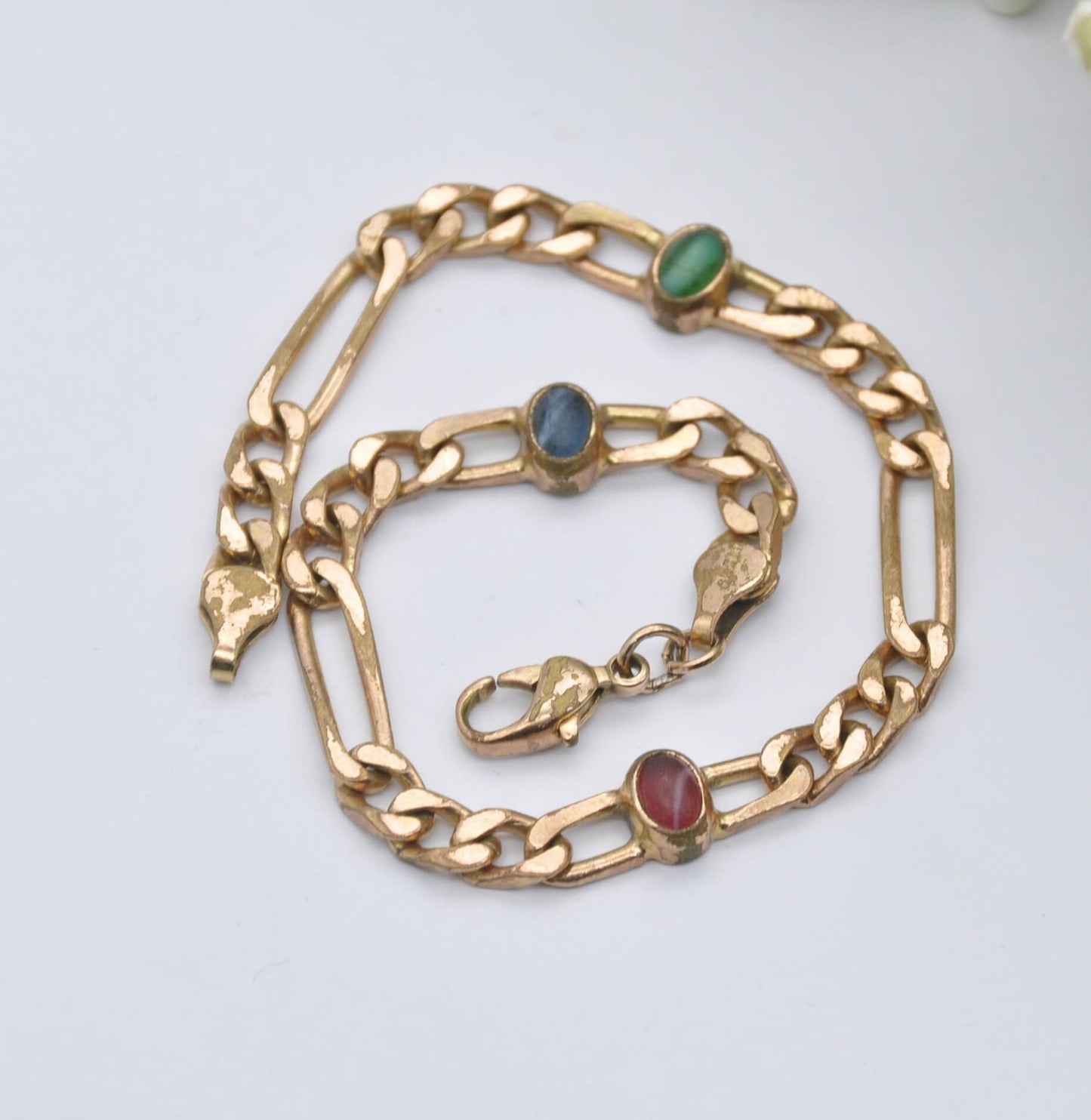 Vintage Rolled Gold Curb Link Bracelet with Multi-Coloured Glass Stones - Blue Green Red | Unusual Chunky Design