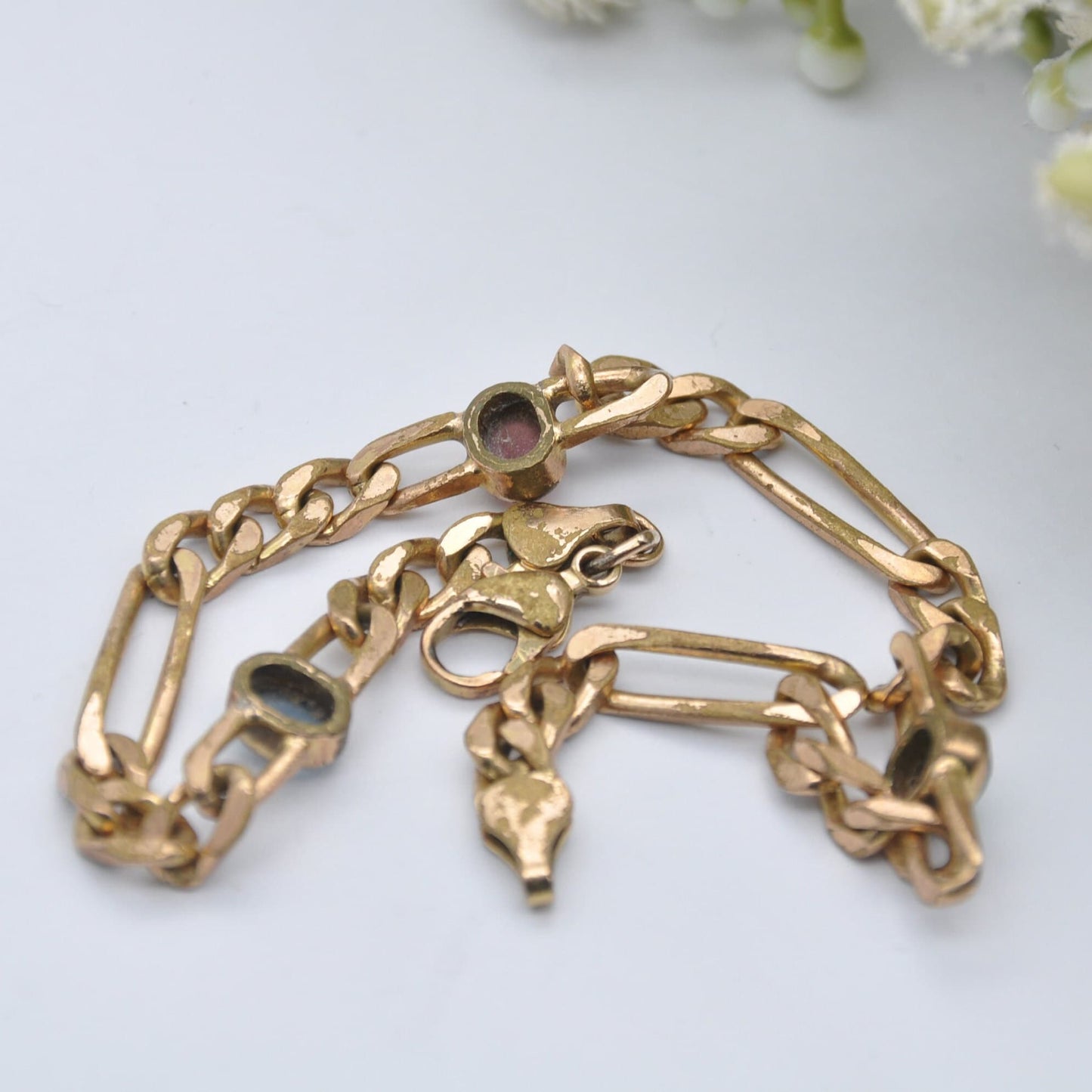 Vintage Rolled Gold Curb Link Bracelet with Multi-Coloured Glass Stones - Blue Green Red | Unusual Chunky Design