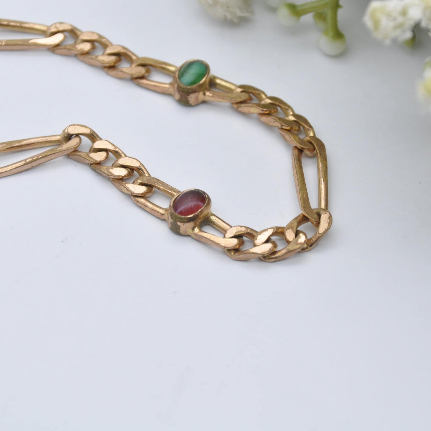 Vintage Rolled Gold Curb Link Bracelet with Multi-Coloured Glass Stones - Blue Green Red | Unusual Chunky Design