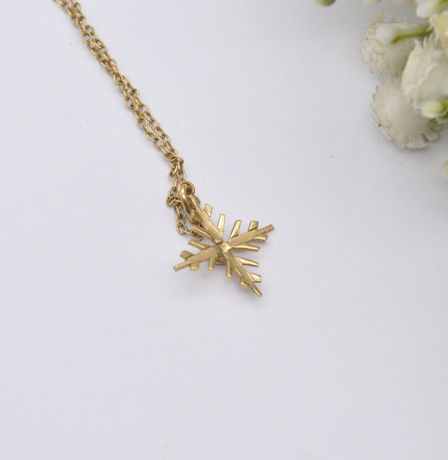 Vintage Rolled Gold Snowflake Red Paste Pendant Necklace on AM Double Chain - Delicate Mid-Century Costume Jewellery