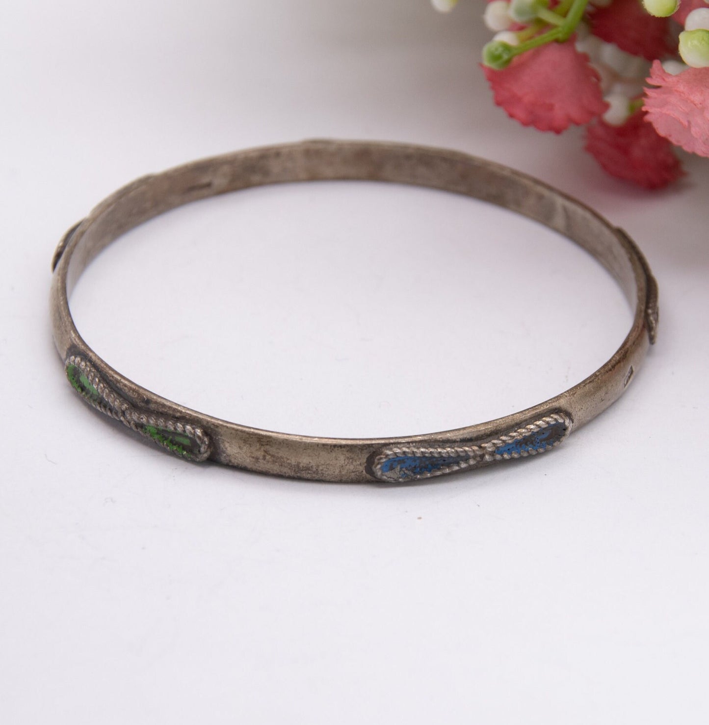 Vintage Egyptian Silver Bangle with Enamel and Twisted Rope Design - Mid-Century Egypt Jewellery | For Children