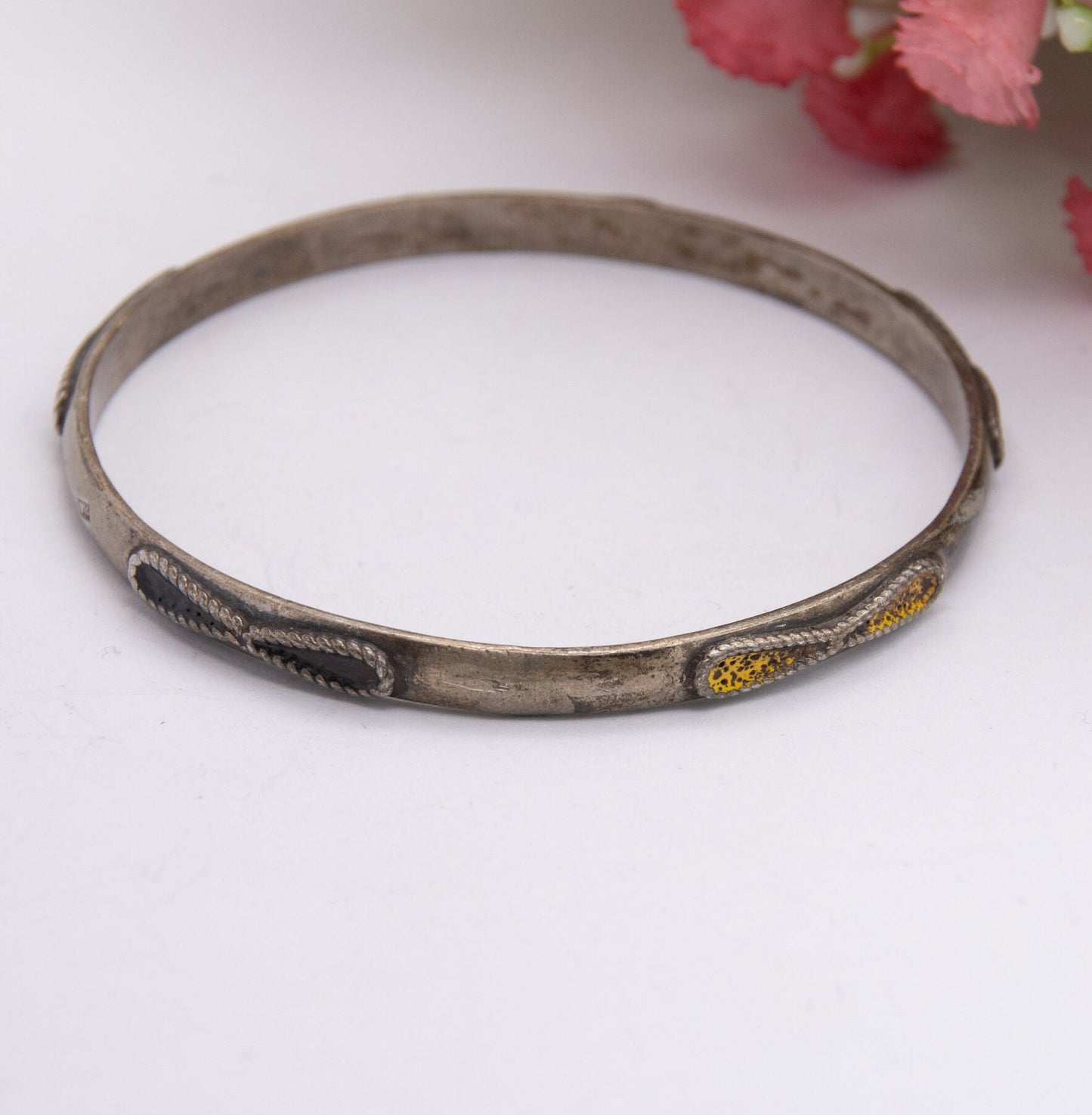 Vintage Egyptian Silver Bangle with Enamel and Twisted Rope Design - Mid-Century Egypt Jewellery | For Children