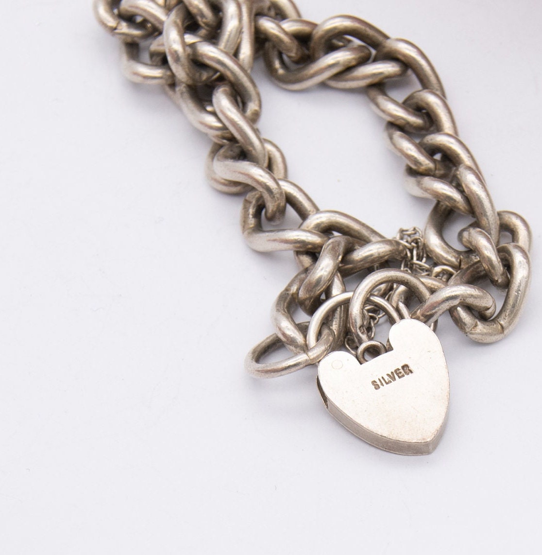 Vintage Sterling Silver Heart Padlock Clasp Chain Bracelet 1979 - Chunky Curb Links with Safety Chain