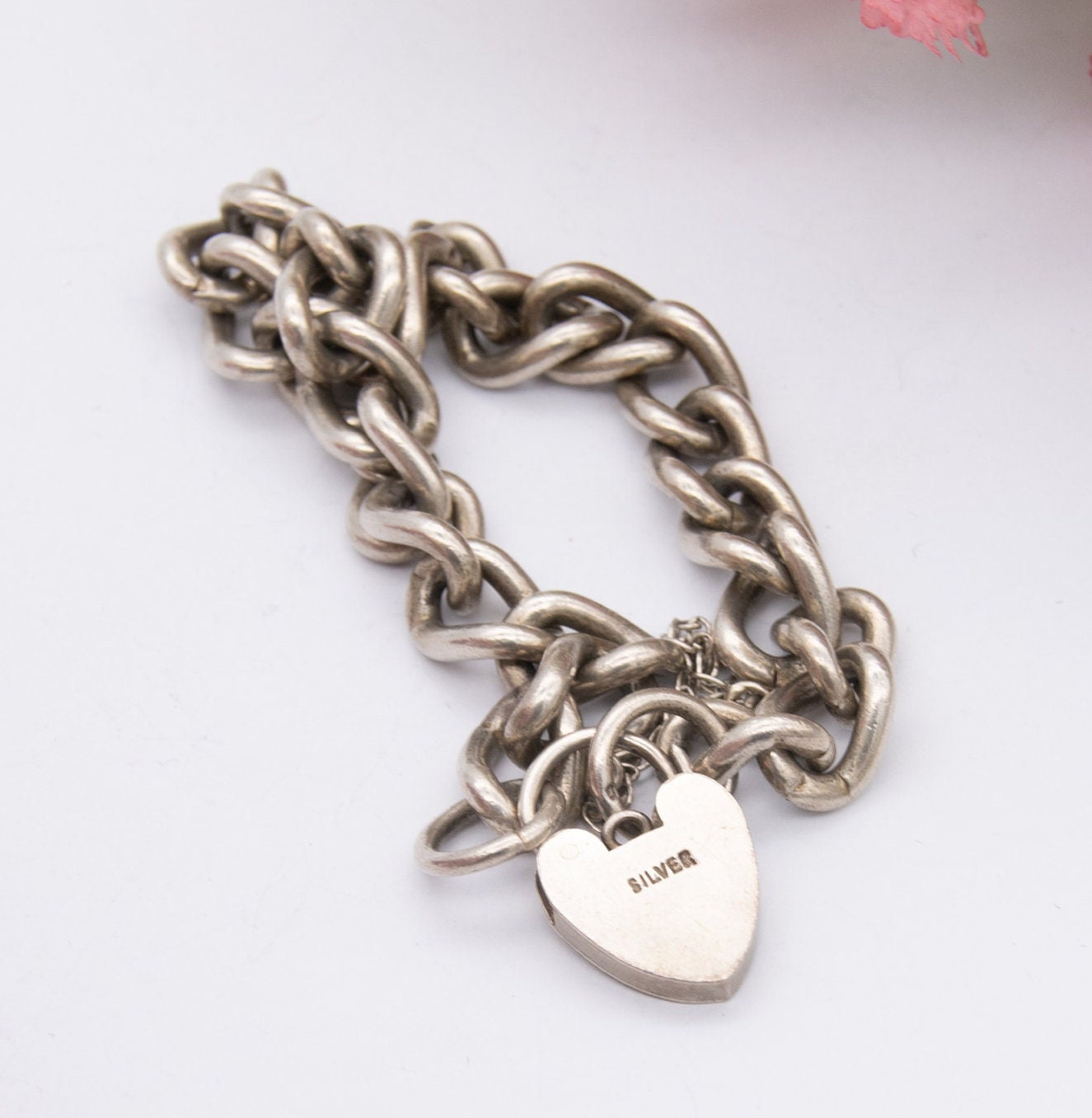 Vintage Sterling Silver Heart Padlock Clasp Chain Bracelet 1979 - Chunky Curb Links with Safety Chain
