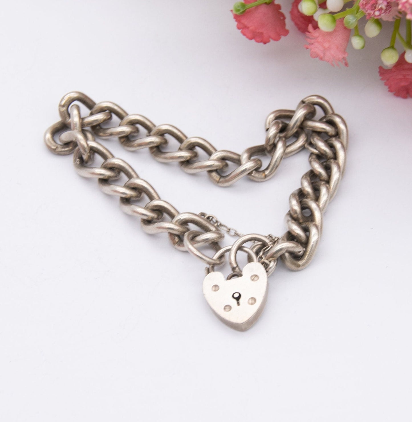 Vintage Sterling Silver Heart Padlock Clasp Chain Bracelet 1979 - Chunky Curb Links with Safety Chain