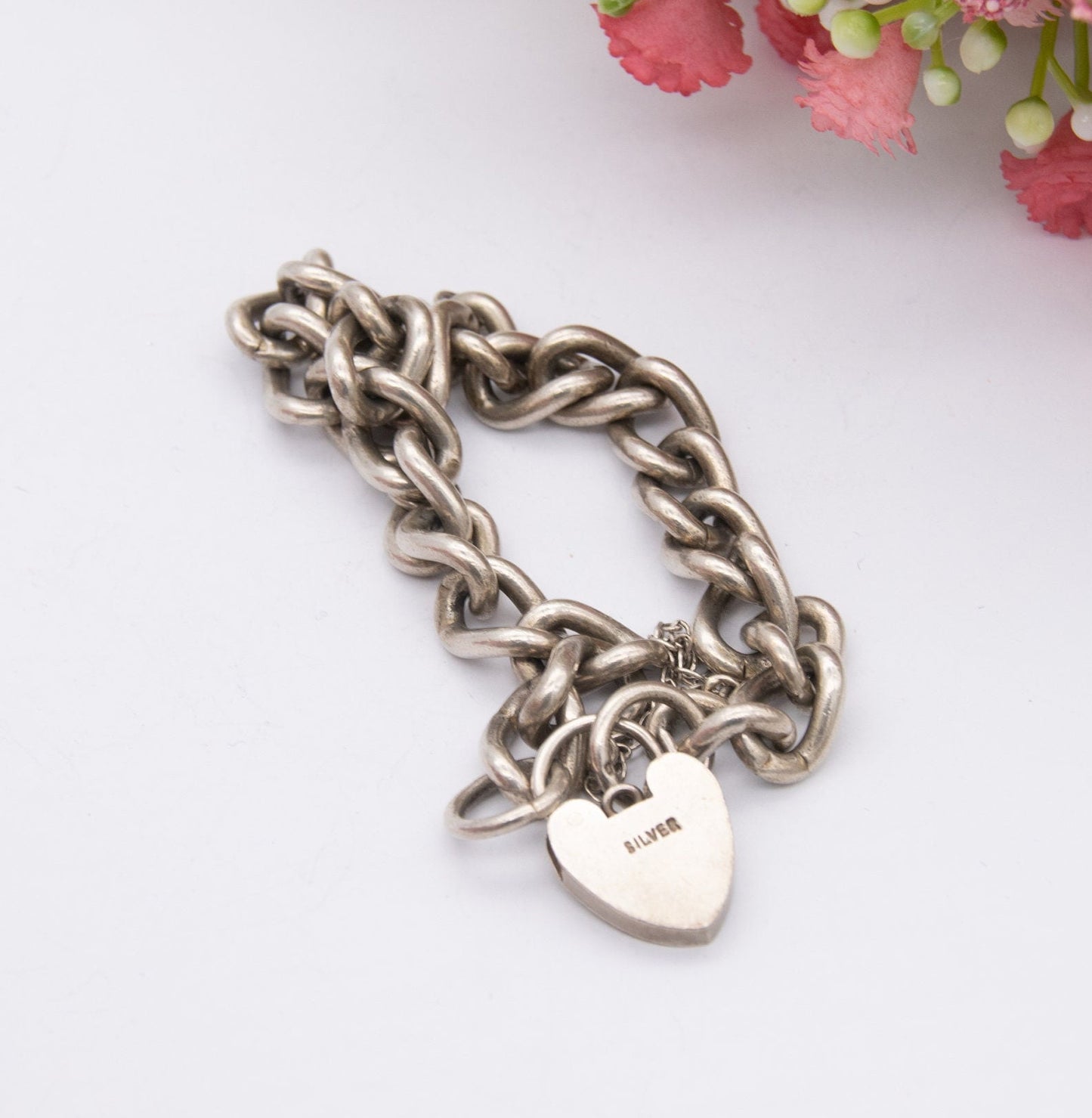 Vintage Sterling Silver Heart Padlock Clasp Chain Bracelet 1979 - Chunky Curb Links with Safety Chain