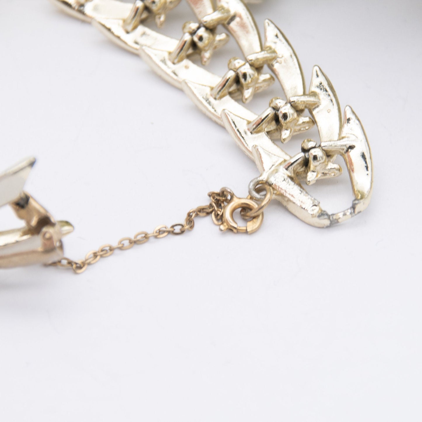 Vintage Jewelcraft Bracelet with Safety Chain - Abstract White Enamel and Gold Tone | Mid-Century Branded Jewellery