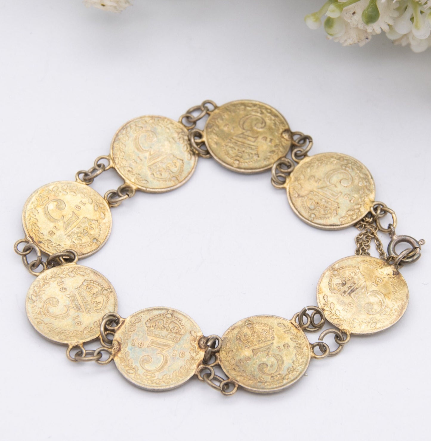 Antique Silver Threepence Coin Bracelet George V 1912 to 1919 - Gold Plated Sterling Silver Coin Jewellery