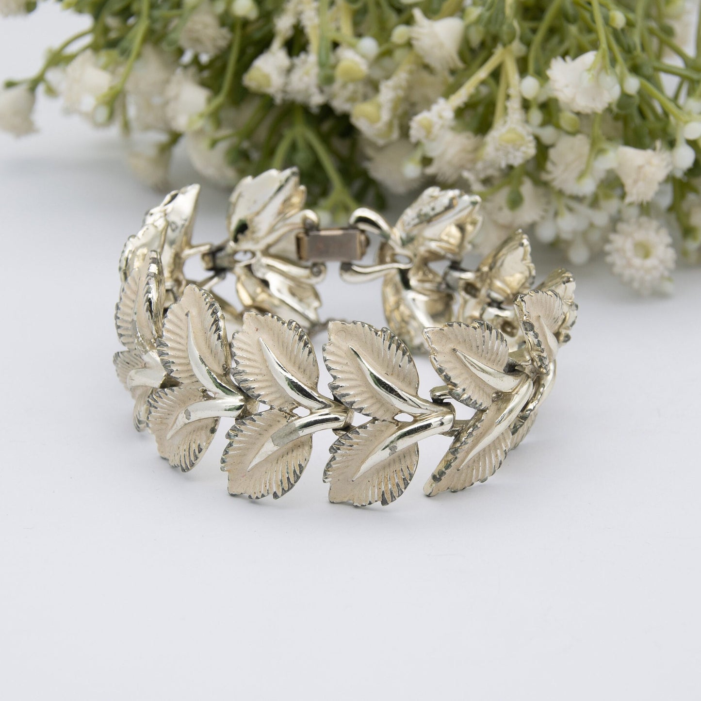 Vintage Jewelcraft Bracelet - Chunky White Leaves | Enamel and Gold Tone | Mid-Century Branded Jewellery