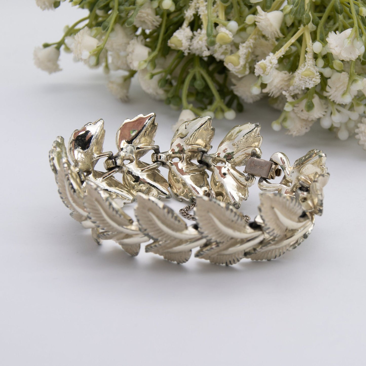 Vintage Jewelcraft Bracelet - Chunky White Leaves | Enamel and Gold Tone | Mid-Century Branded Jewellery