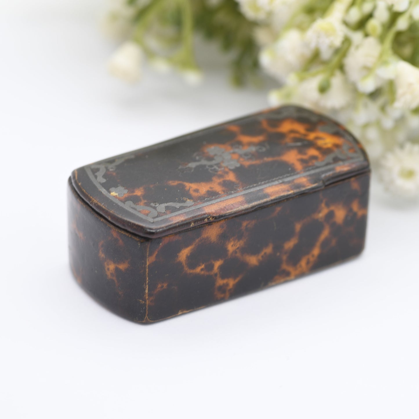 Antique Faux Tortoiseshell Paper Mache Snuff Box Trinket Box with Silver Inlay