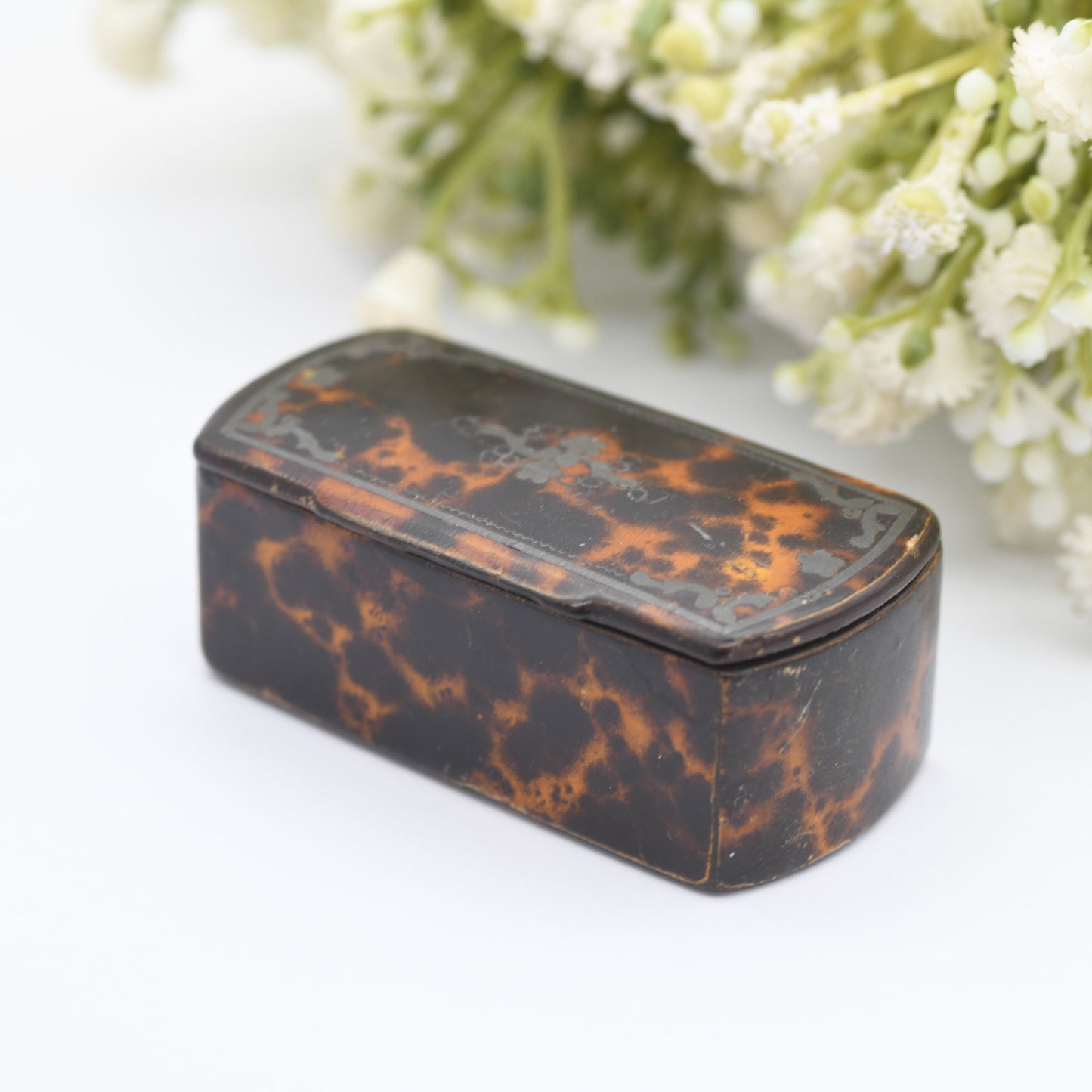 Antique Faux Tortoiseshell Paper Mache Snuff Box Trinket Box with Silver Inlay