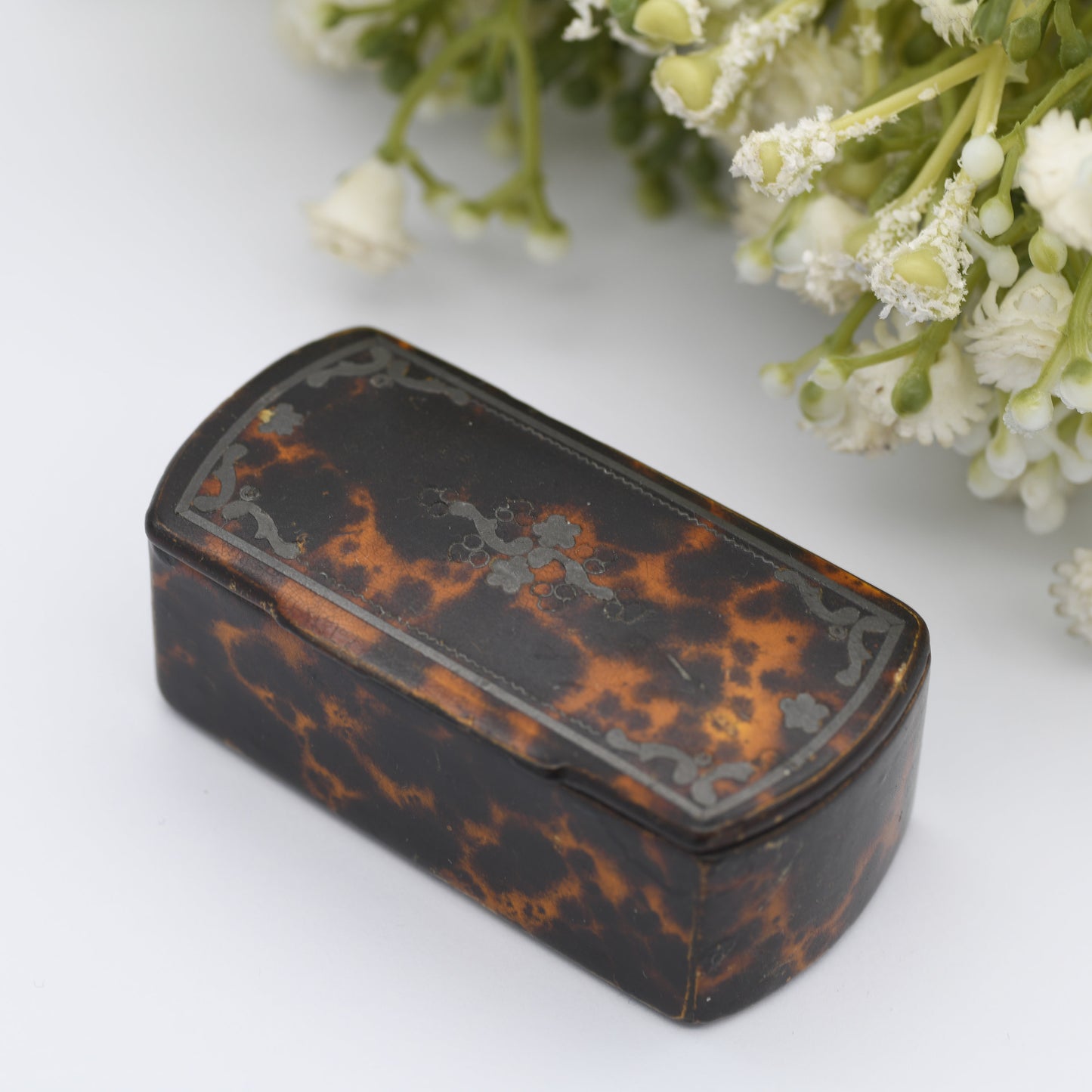 Antique Faux Tortoiseshell Paper Mache Snuff Box Trinket Box with Silver Inlay