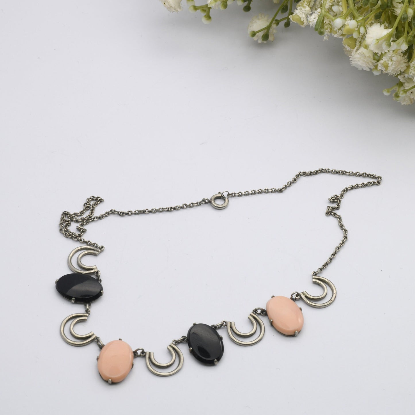 Vintage Art Deco Necklace with Coloured Glass Pendant Fringe Drops - Machine Age | Pink & Black | 20th Century Silver Tone Costume Jewellery