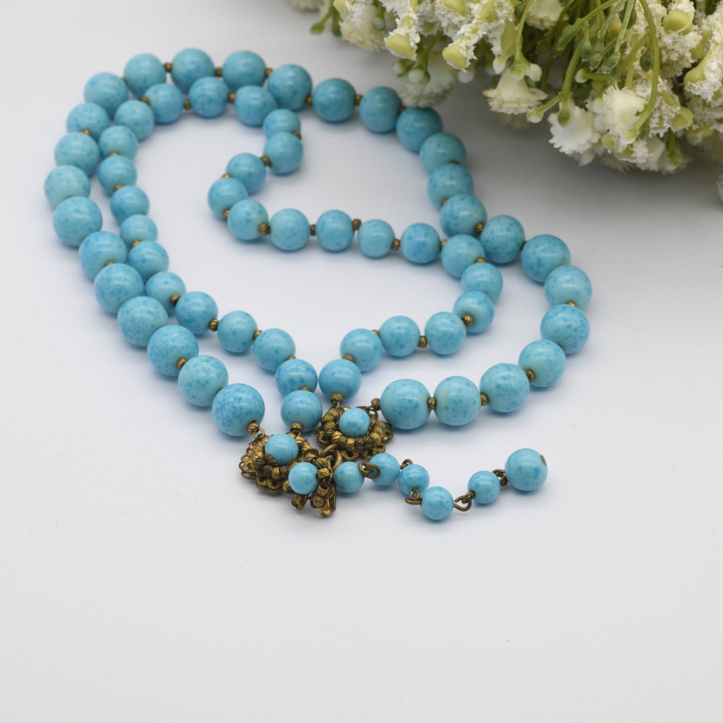 Miriam Haskell Signed Glass Bead Collar Necklace - Vintage American Designer Jewellery | Two Strand | Turquoise Peking Glass | Ornate Clasp
