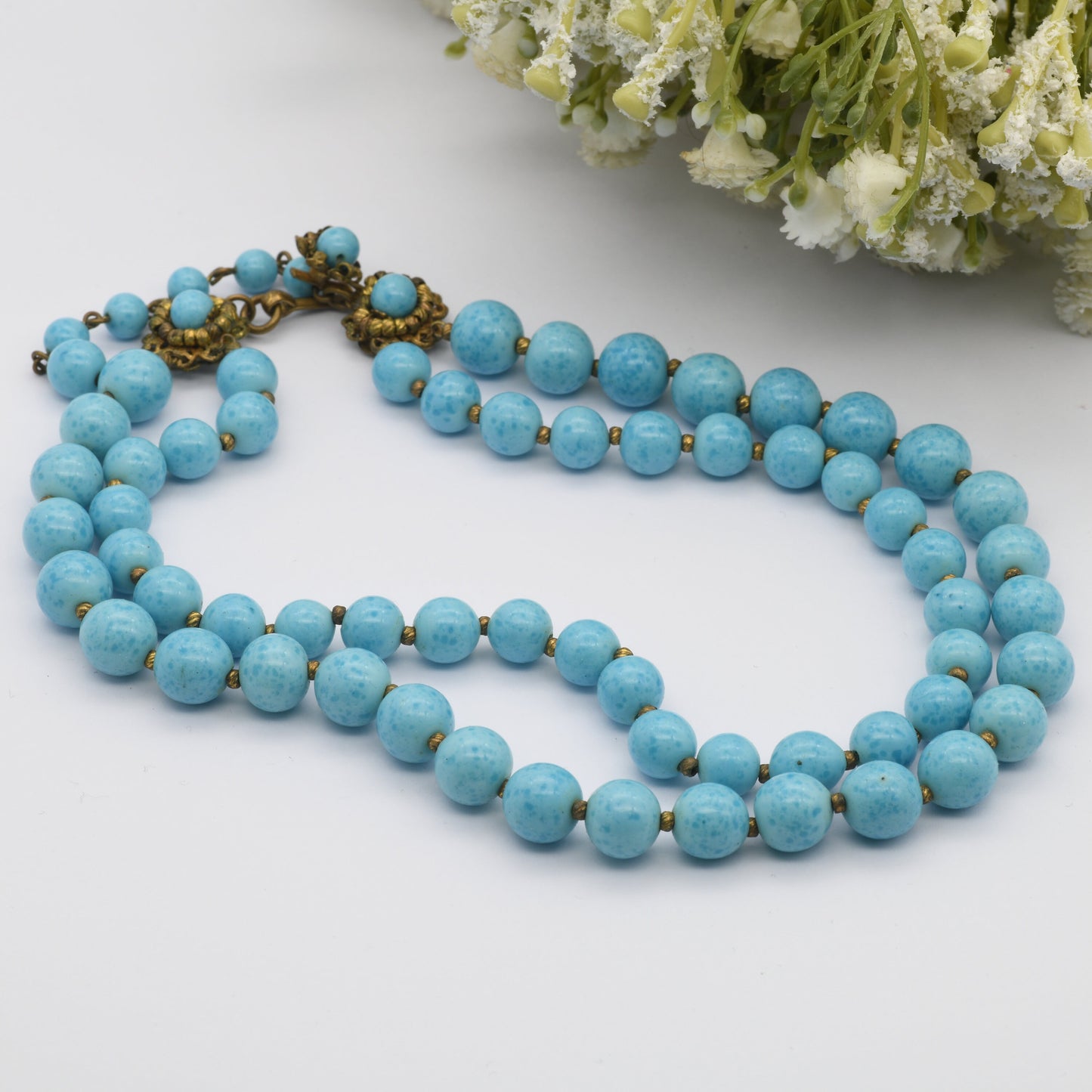 Miriam Haskell Signed Glass Bead Collar Necklace - Vintage American Designer Jewellery | Two Strand | Turquoise Peking Glass | Ornate Clasp