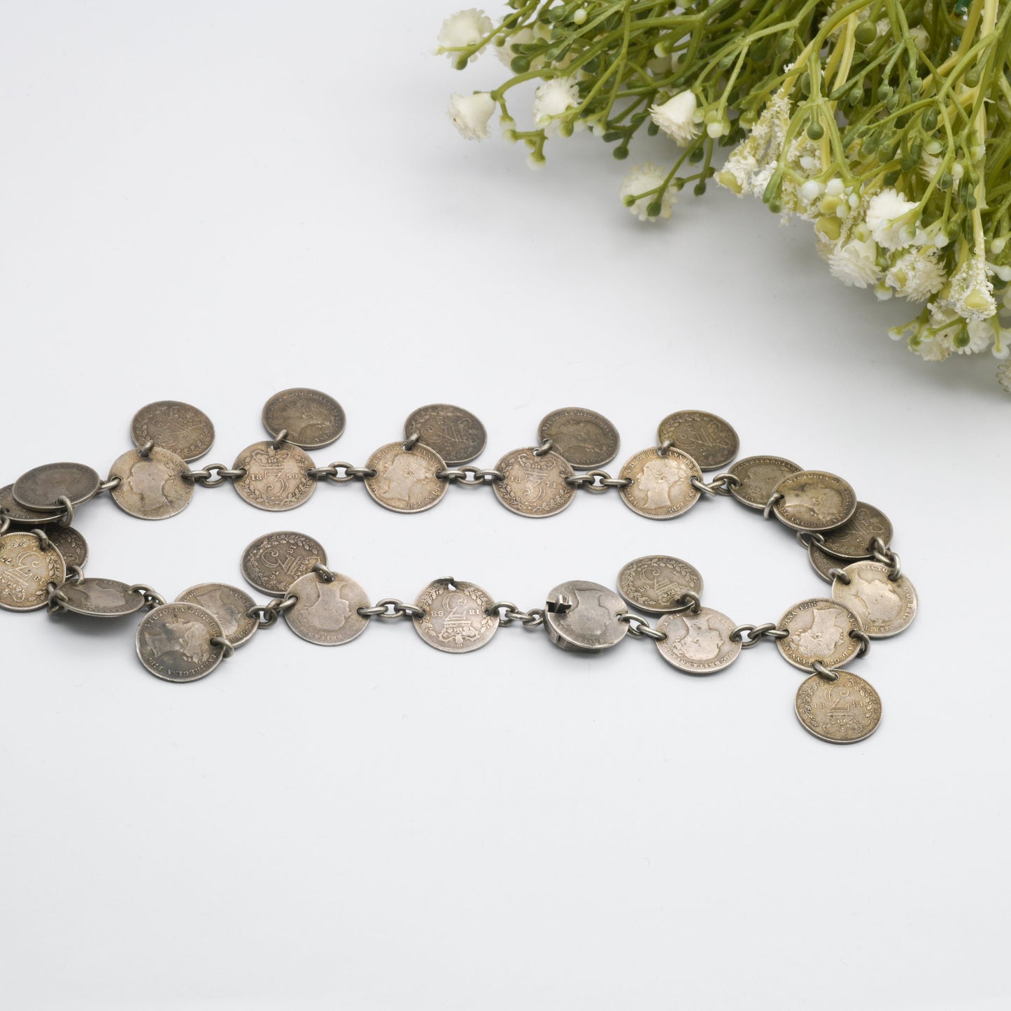 Antique Silver Threepence Coin Necklace - Queen Victoria Young Head Coins 1859 - 1881 | Fringe Drops | Choker Length 41.5cm