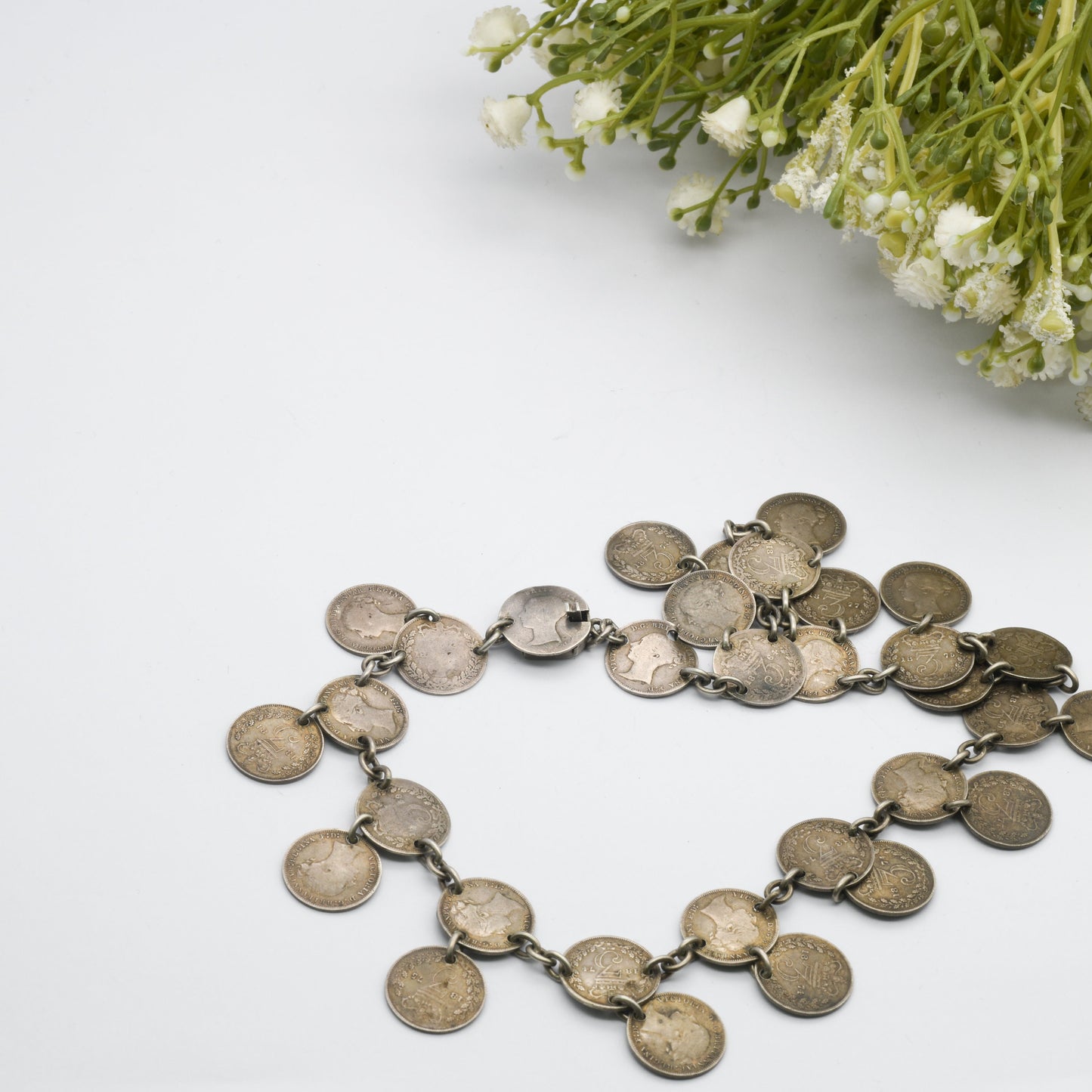 Antique Silver Threepence Coin Necklace - Queen Victoria Young Head Coins 1859 - 1881 | Fringe Drops | Choker Length 41.5cm