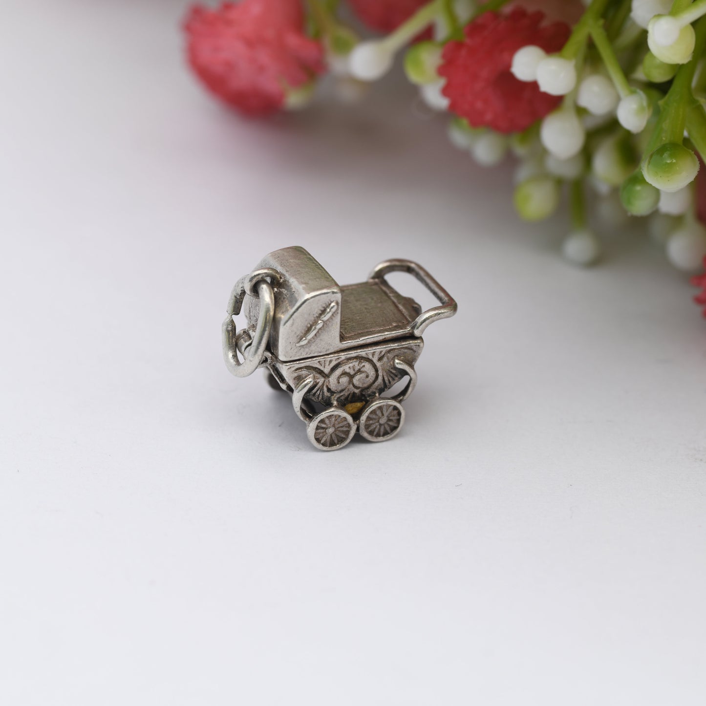 Vintage Nuvo Sterling Silver Pram Charm Opening to Reveal a Baby - Antique Style Pushchair Pendant