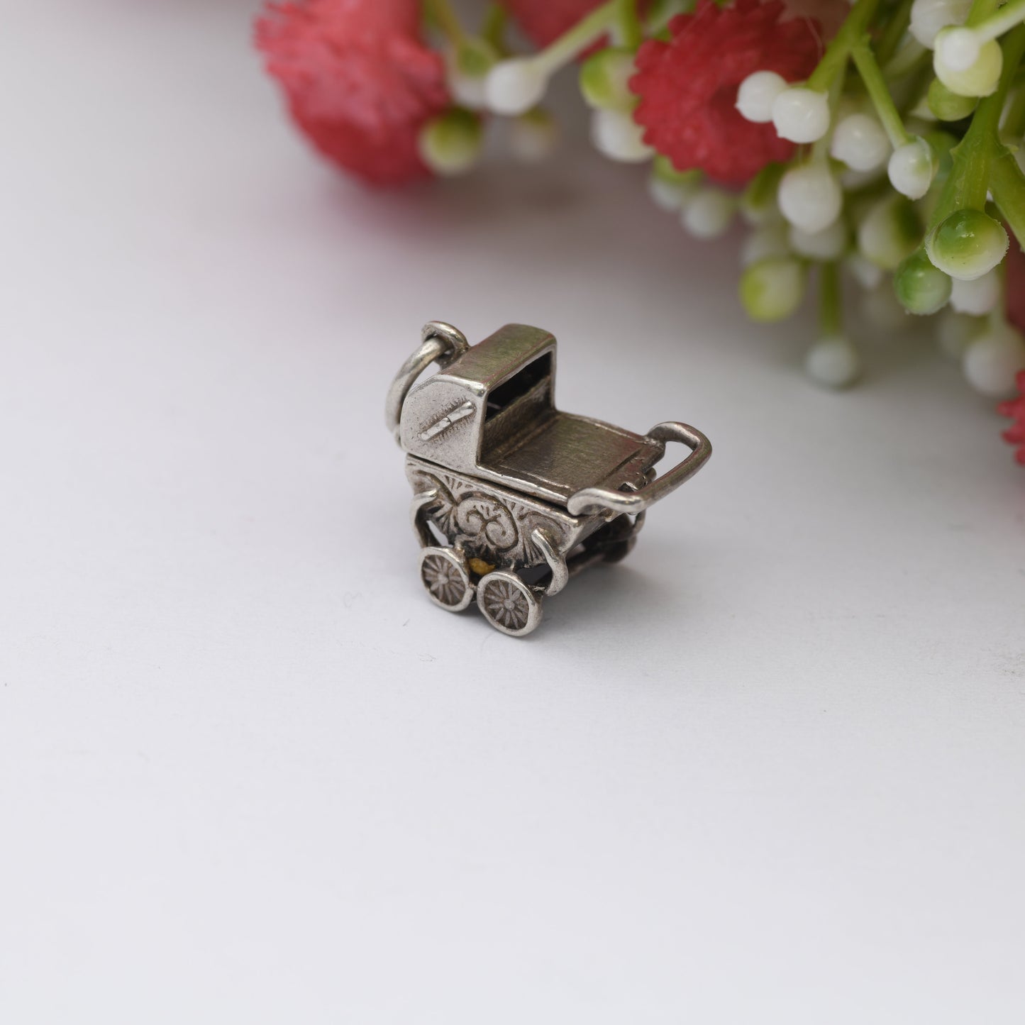 Vintage Nuvo Sterling Silver Pram Charm Opening to Reveal a Baby - Antique Style Pushchair Pendant
