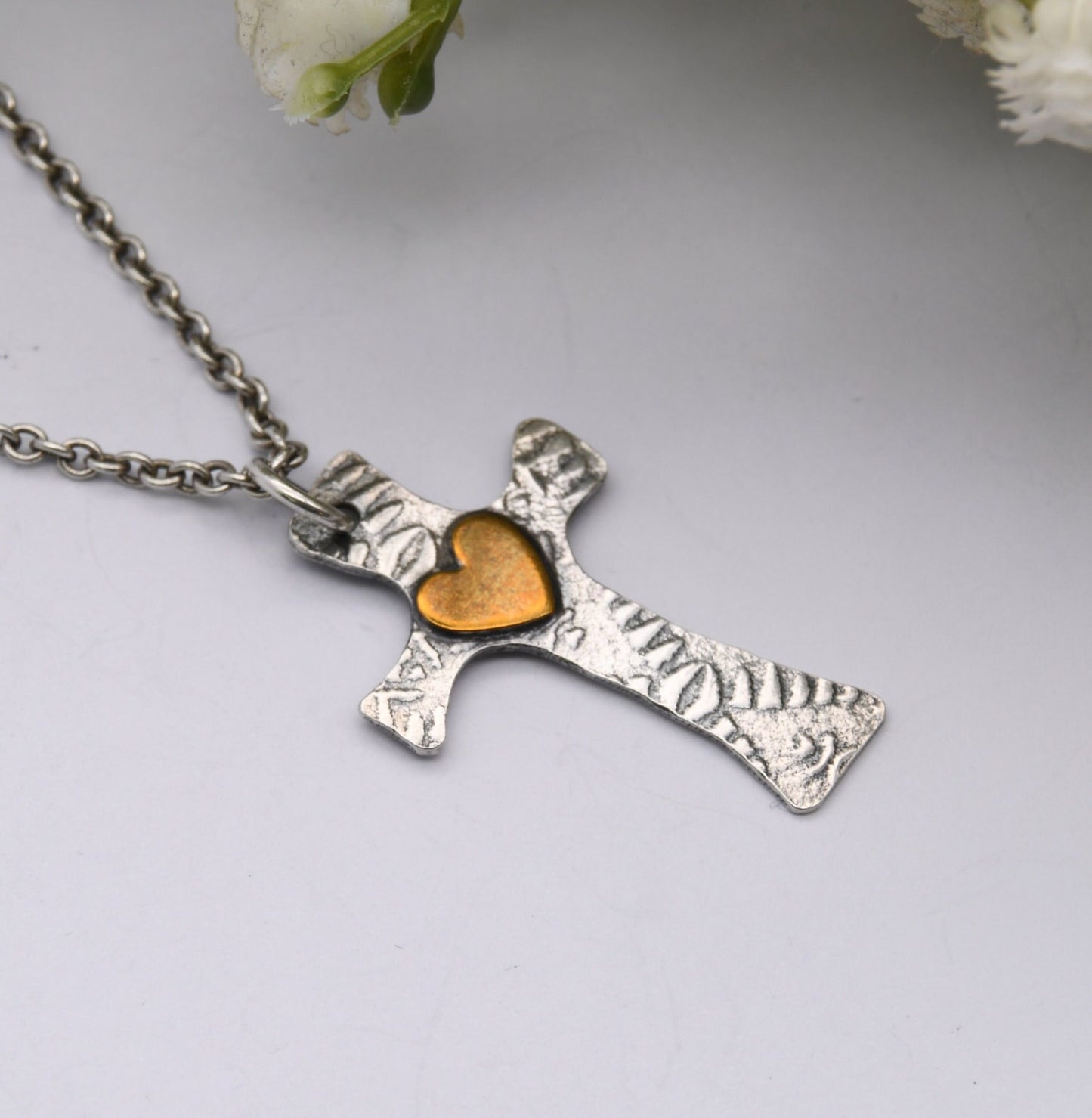 Vintage Sterling Silver Brass Heart Cross Pendant Necklace on a Cable Link Chain by UNID Dutch Silver Makers
