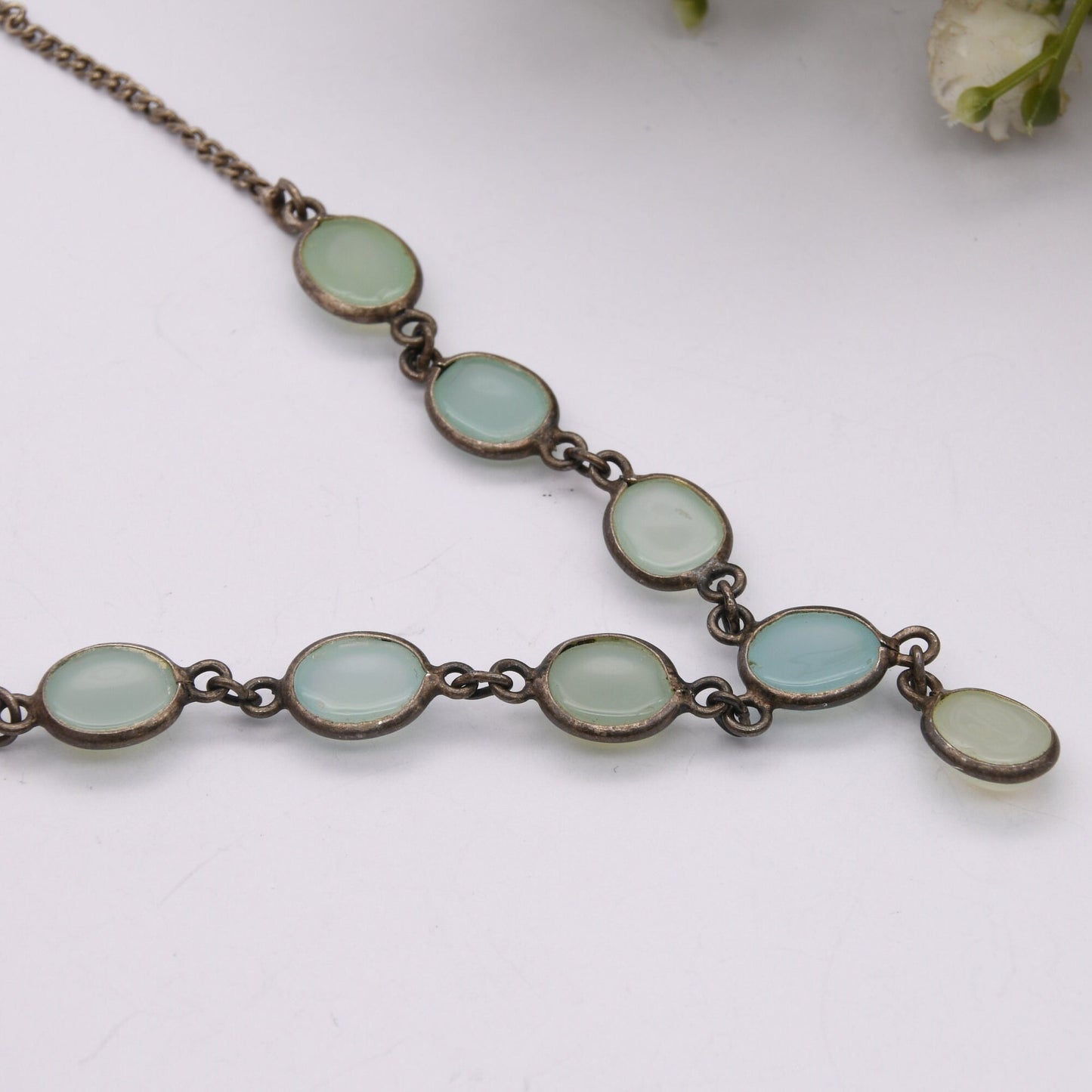 Vintage Opalised Glass Sterling Silver Necklace - Frosted Blue Glass | Cabochon Stones