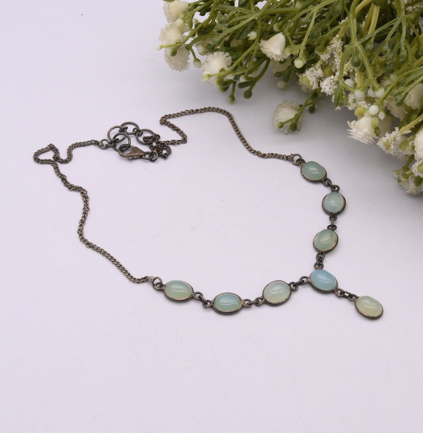 Vintage Opalised Glass Sterling Silver Necklace - Frosted Blue Glass | Cabochon Stones