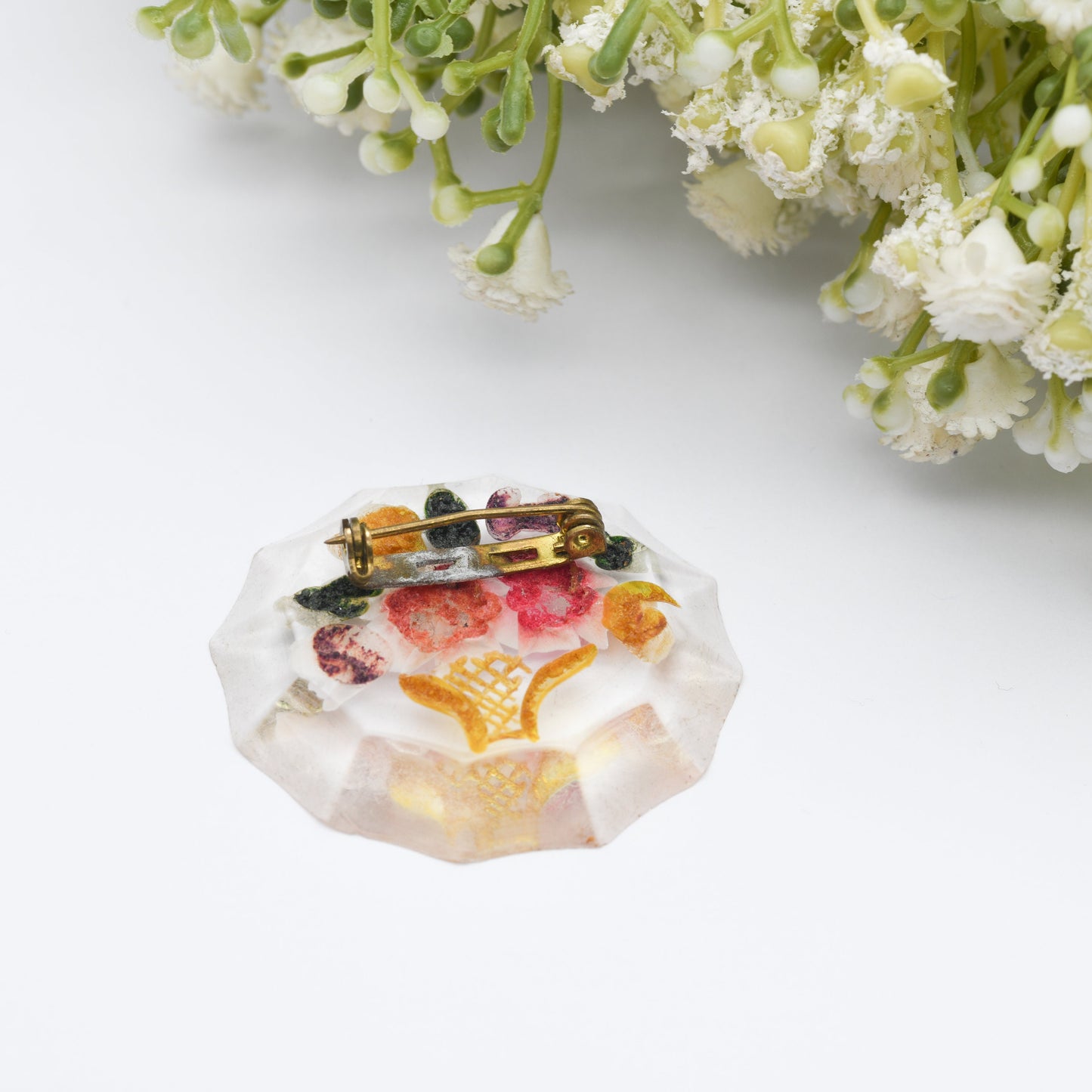 Vintage Lucite Reverse Carved Jardinière Brooch - Hand Painted | Early Plastic Costume Jewellery | Vase of Flowers