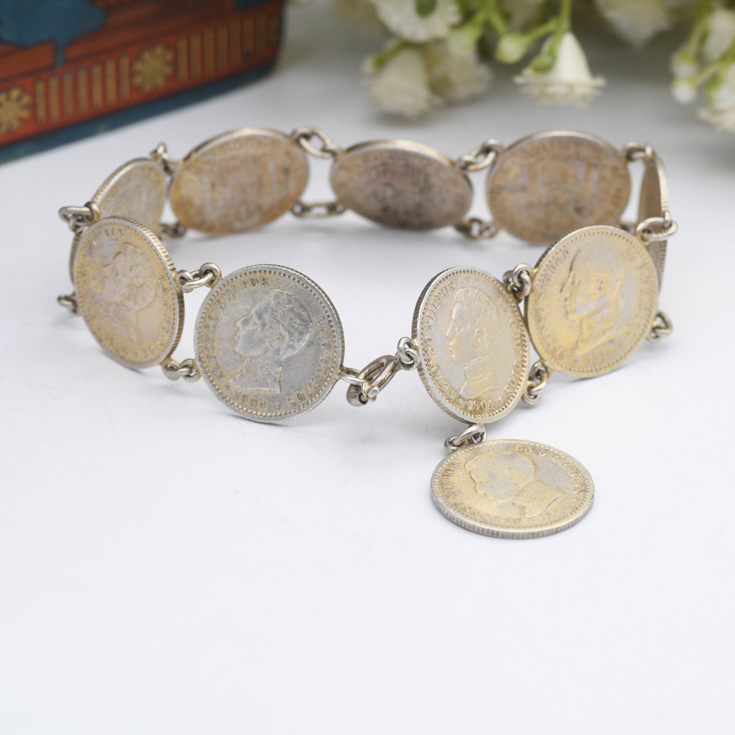 Antique Silver Spanish 50 Centimos Coin Bracelet - 1904 1910 | Alfonso XIII | Collectable Peseta Coin Jewellery