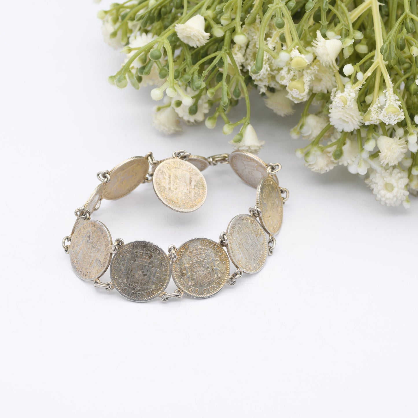 Antique Silver Spanish 50 Centimos Coin Bracelet - 1904 1910 | Alfonso XIII | Collectable Peseta Coin Jewellery