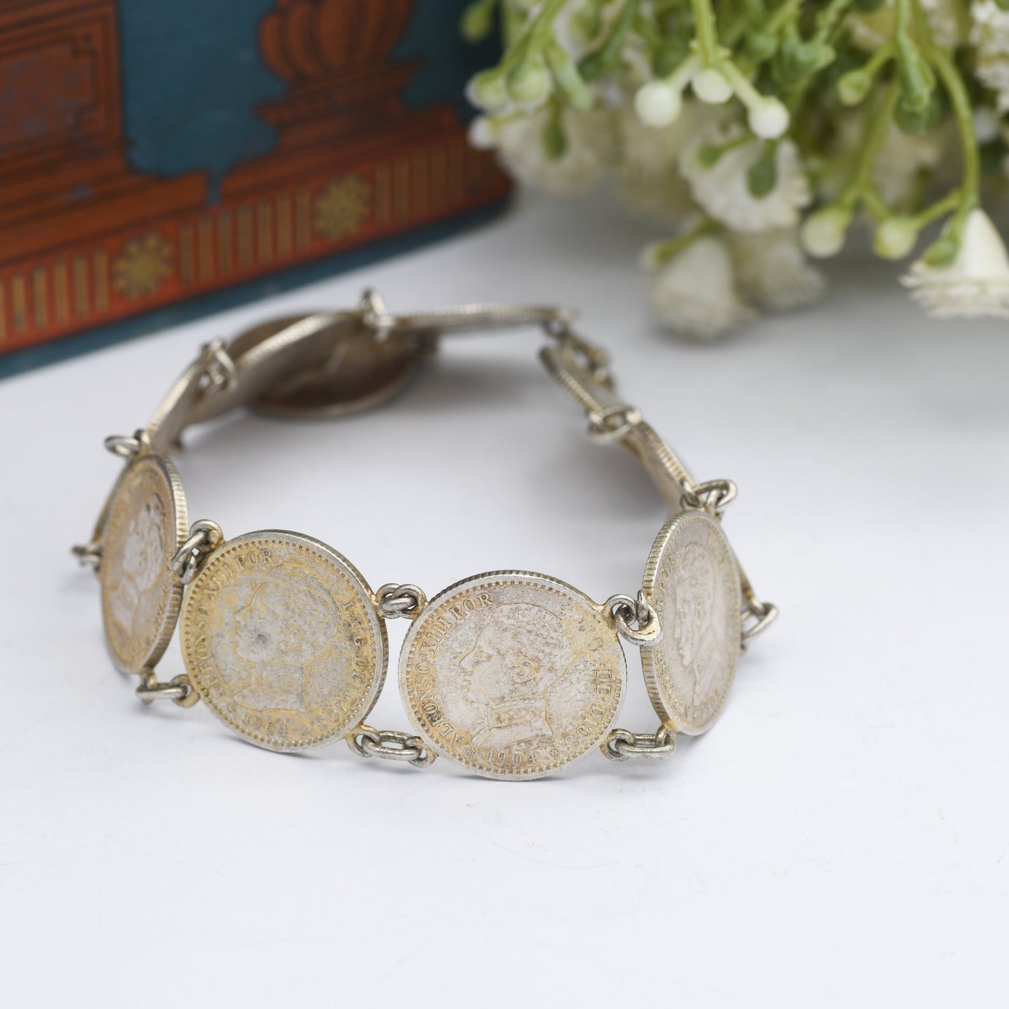 Antique Silver Spanish 50 Centimos Coin Bracelet - 1904 1910 | Alfonso XIII | Collectable Peseta Coin Jewellery