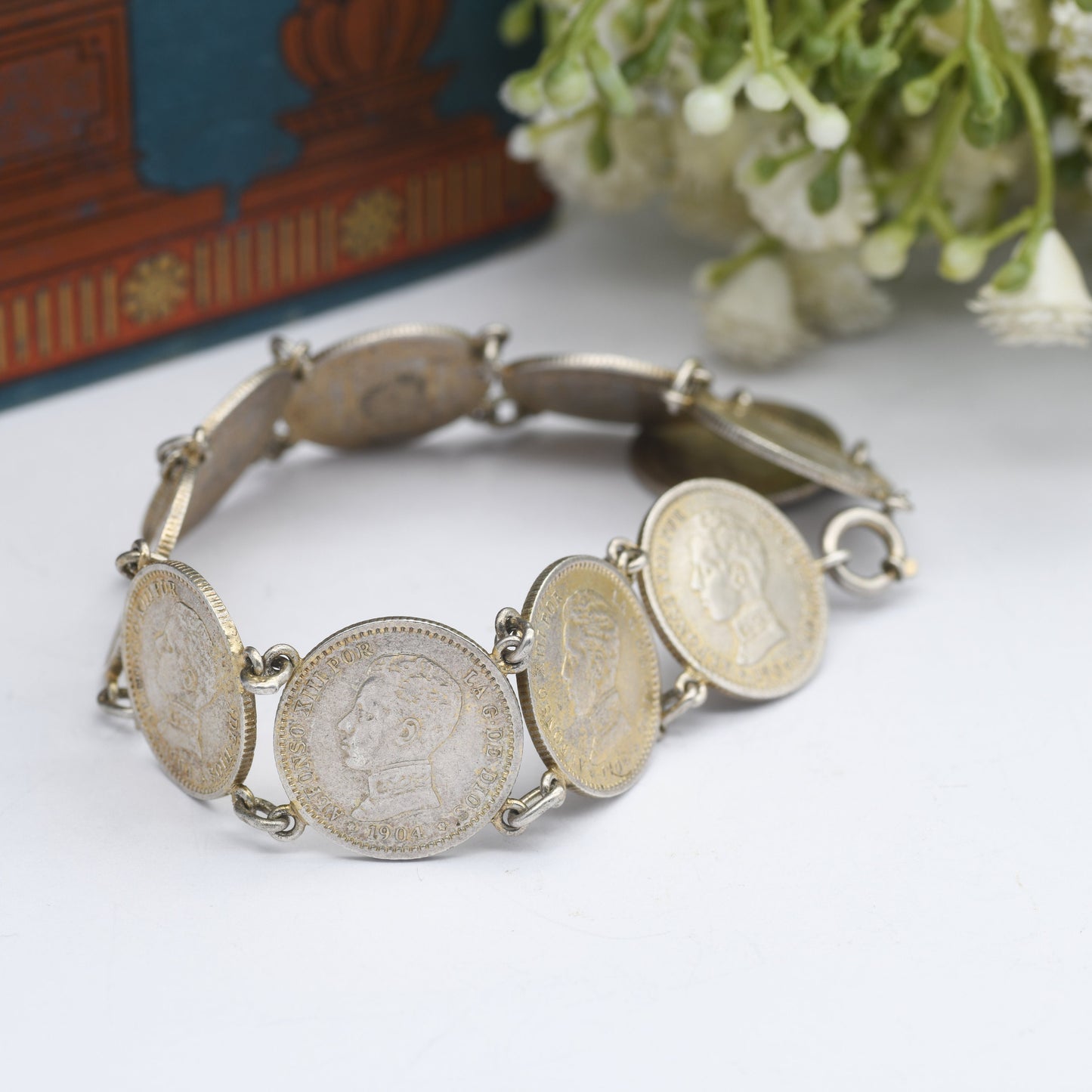 Antique Silver Spanish 50 Centimos Coin Bracelet - 1904 1910 | Alfonso XIII | Collectable Peseta Coin Jewellery