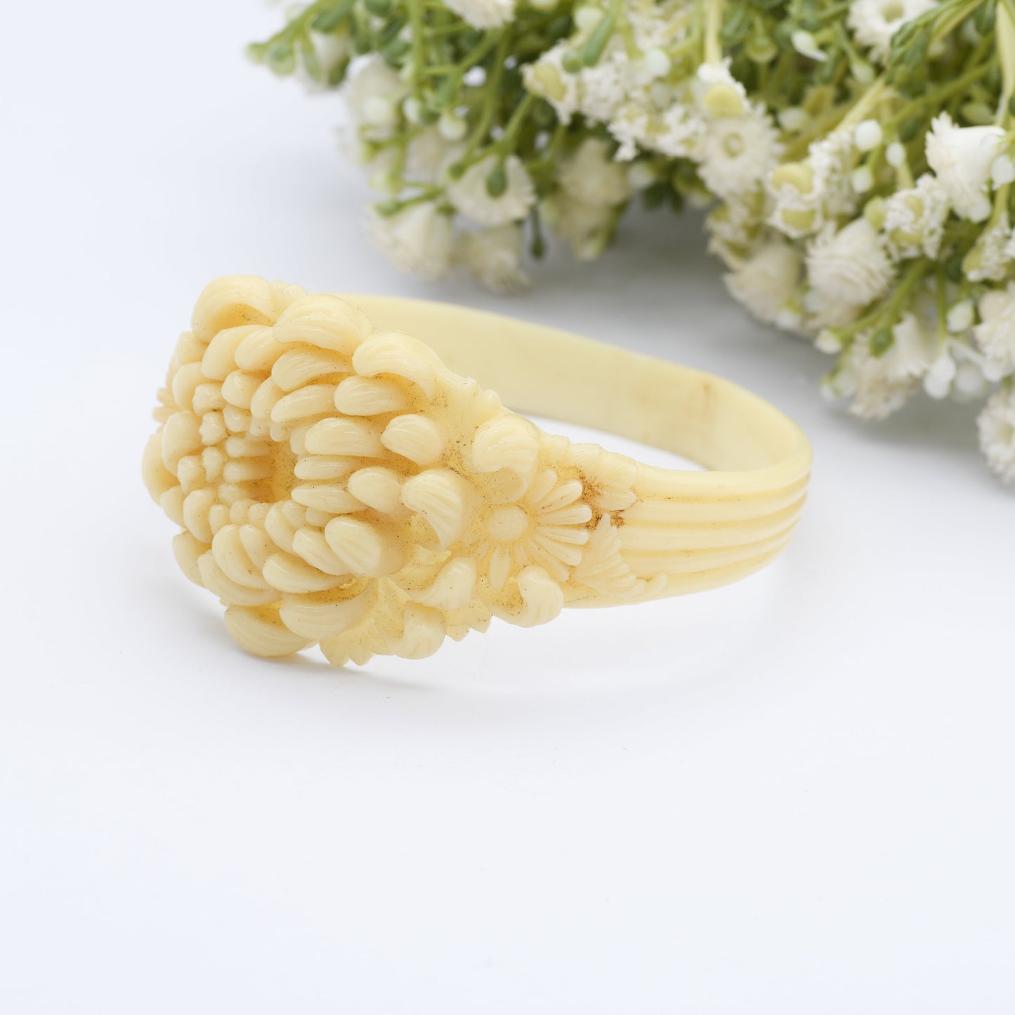 Vintage Ivorine Flower Bangle - Faux Ivory Celluloid | Early Plastic Costume Jewellery