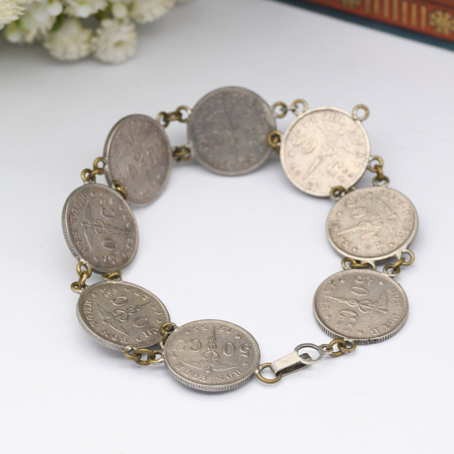 Antique Belgian Coin Bracelet 50 Centimes - 1922 to 1933 | French Text | Dutch Text