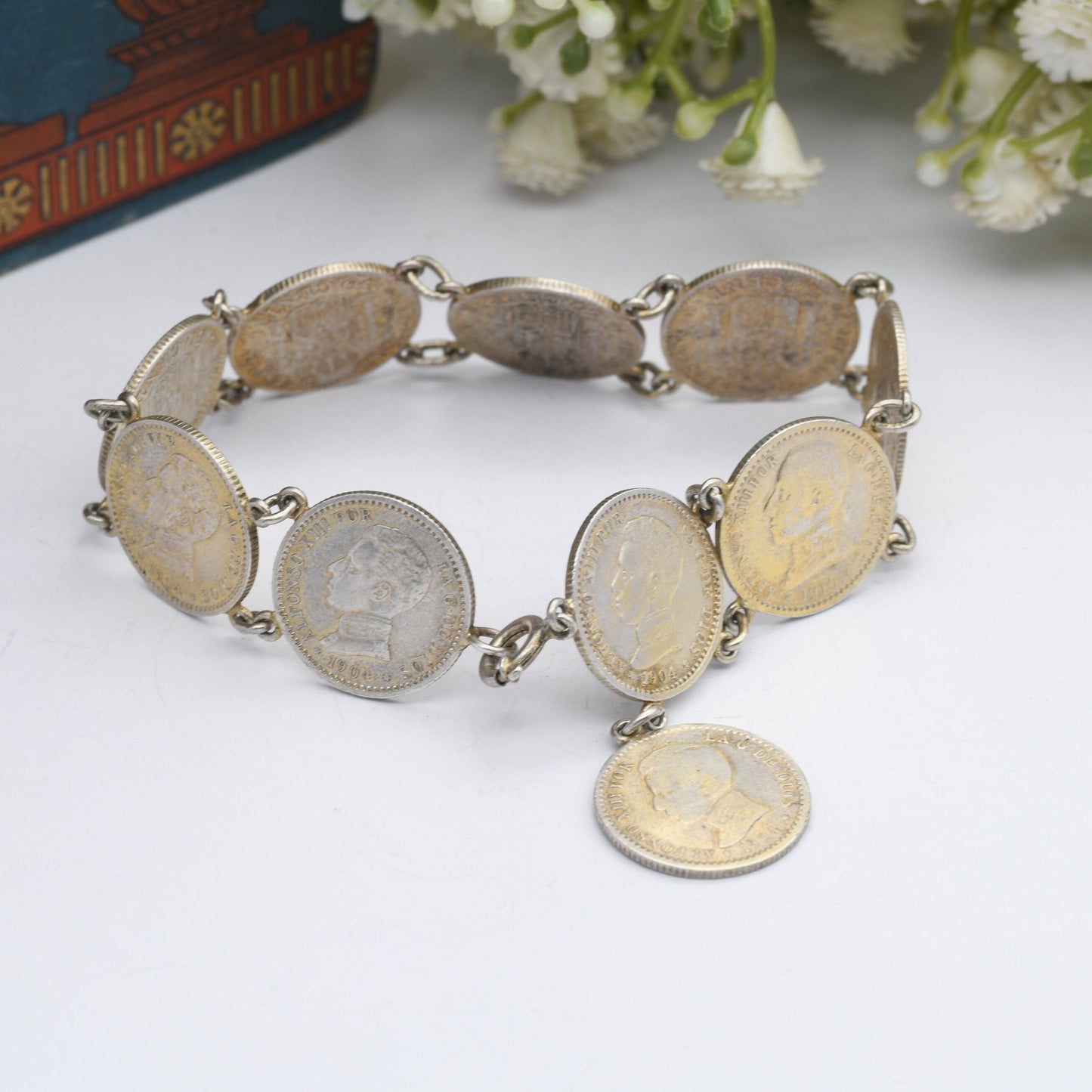 Antique Silver Spanish 50 Centimos Coin Bracelet - 1904 1910 | Alfonso XIII | Collectable Peseta Coin Jewellery