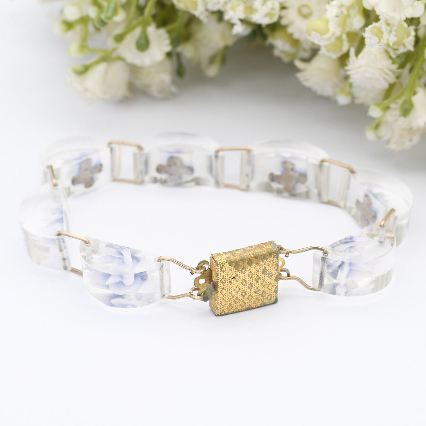 Vintage Lucite Reverse Carved Panel Bracelet - Retro Kitsch Flowers | Early Plastic Costume Jewellery