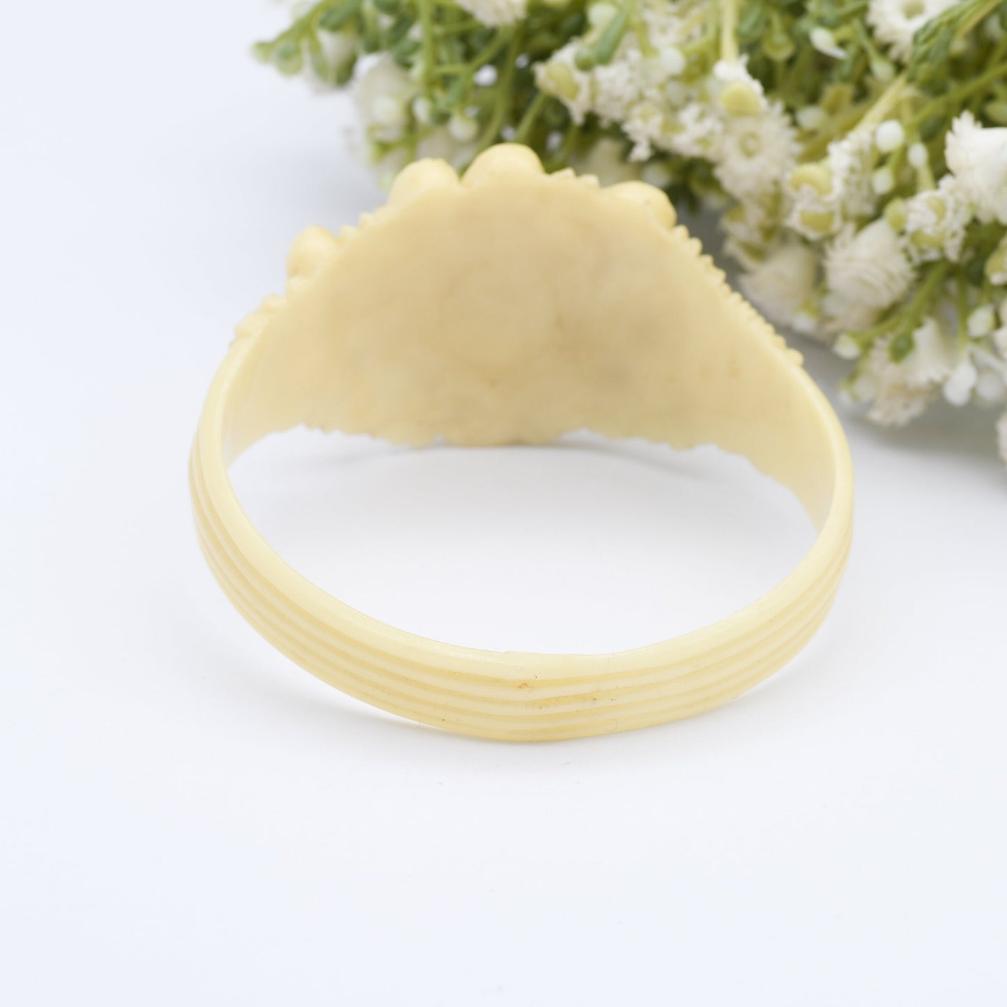 Vintage Ivorine Flower Bangle - Faux Ivory Celluloid | Early Plastic Costume Jewellery