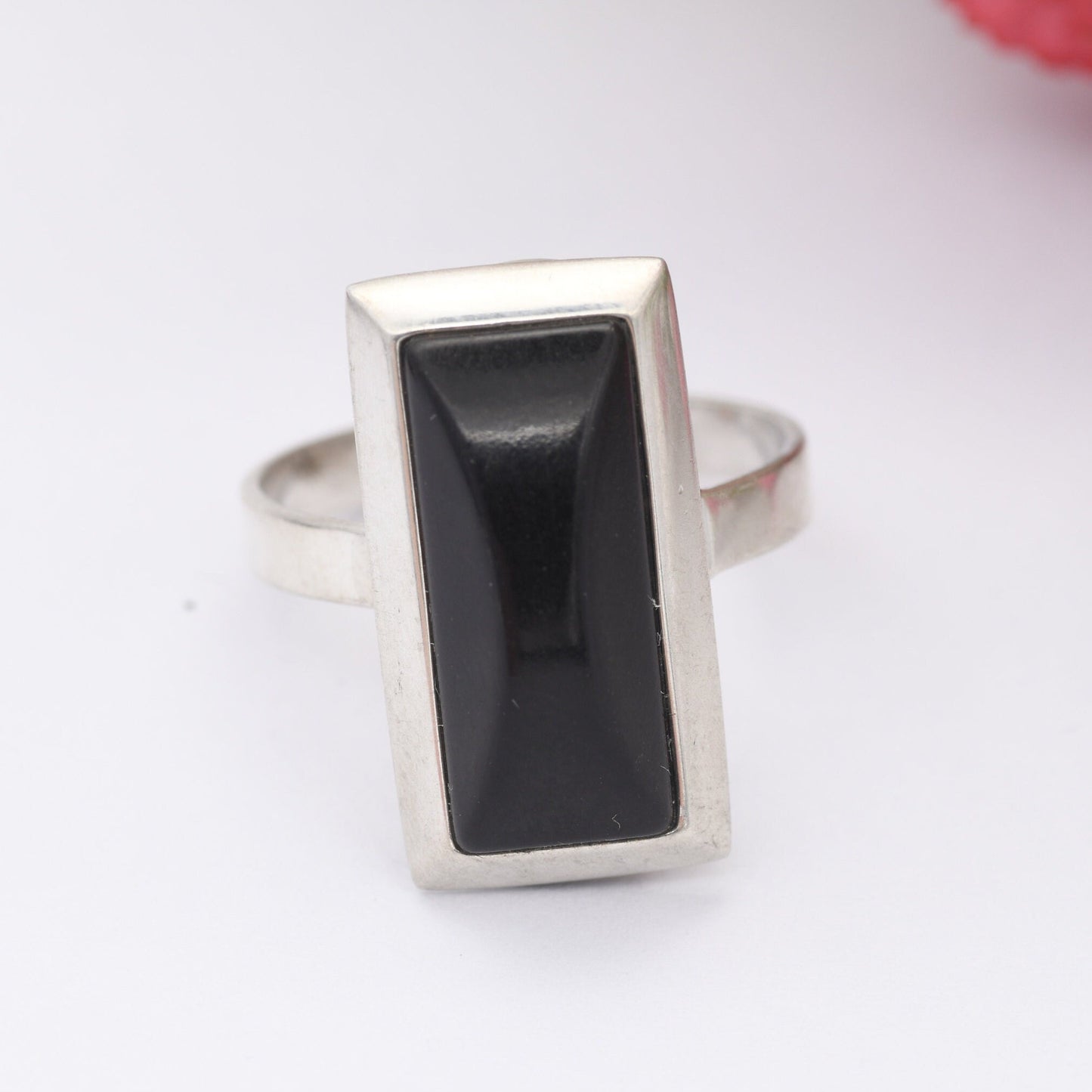 Vintage Sterling Silver Onyx Statement Ring - Chunky Cocktail | Black Rectangle Stone | UK Size - N | US Size - 6 3/4