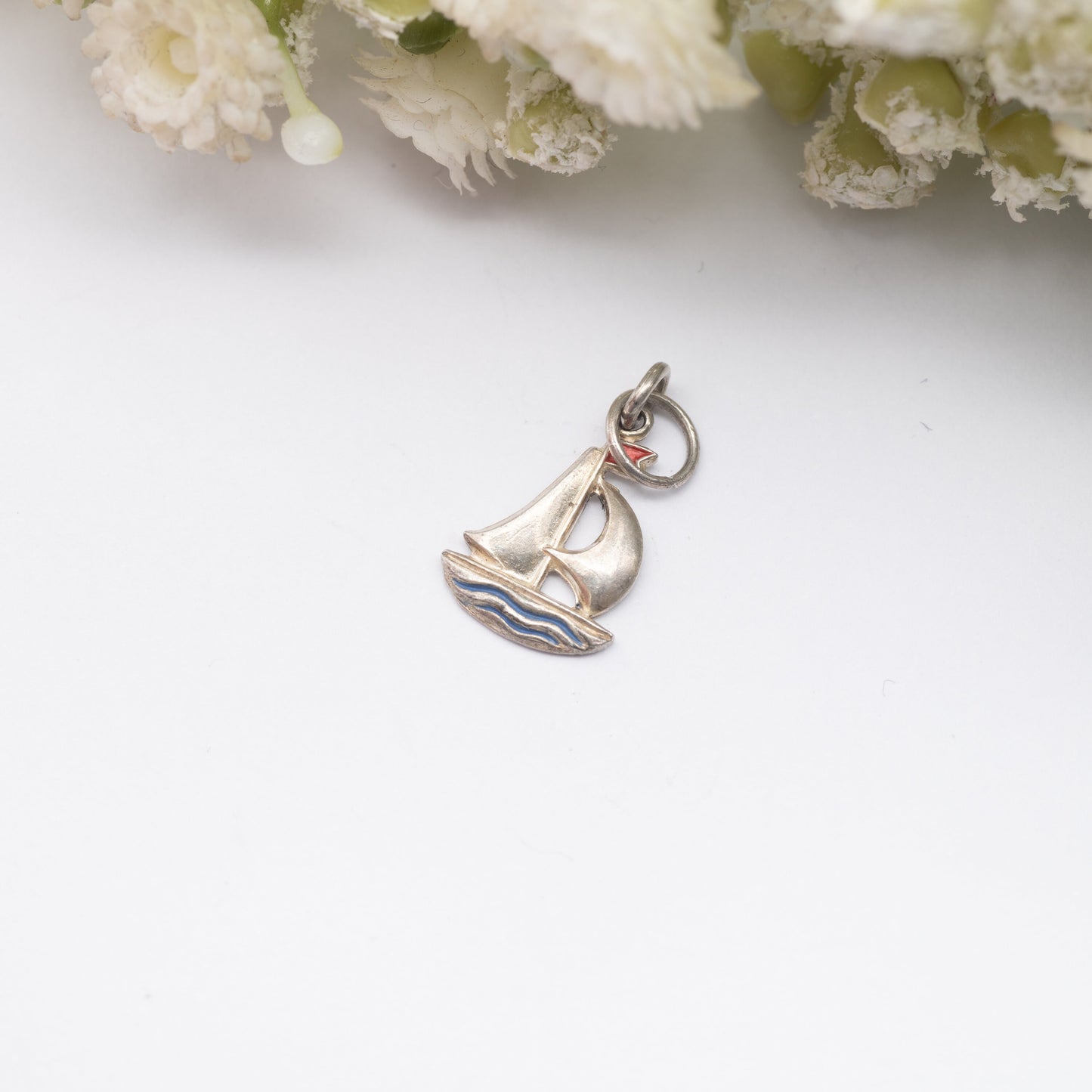 Vintage Sterling Silver TLM Sailing Ship Enamel Charm Pendant - Cute Collectable Boat Charm for Bracelet