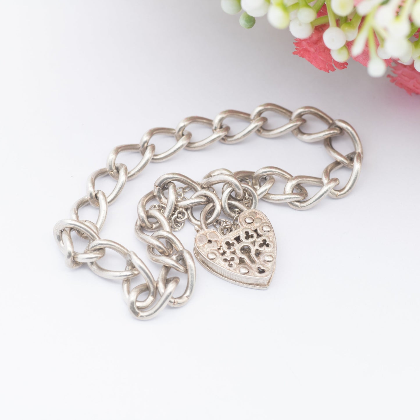 Vintage Sterling Silver Heart Padlock Clasp Chain Bracelet 1973 - Ornate Openwork Heart | Chunky Curb Links with Safety Chain