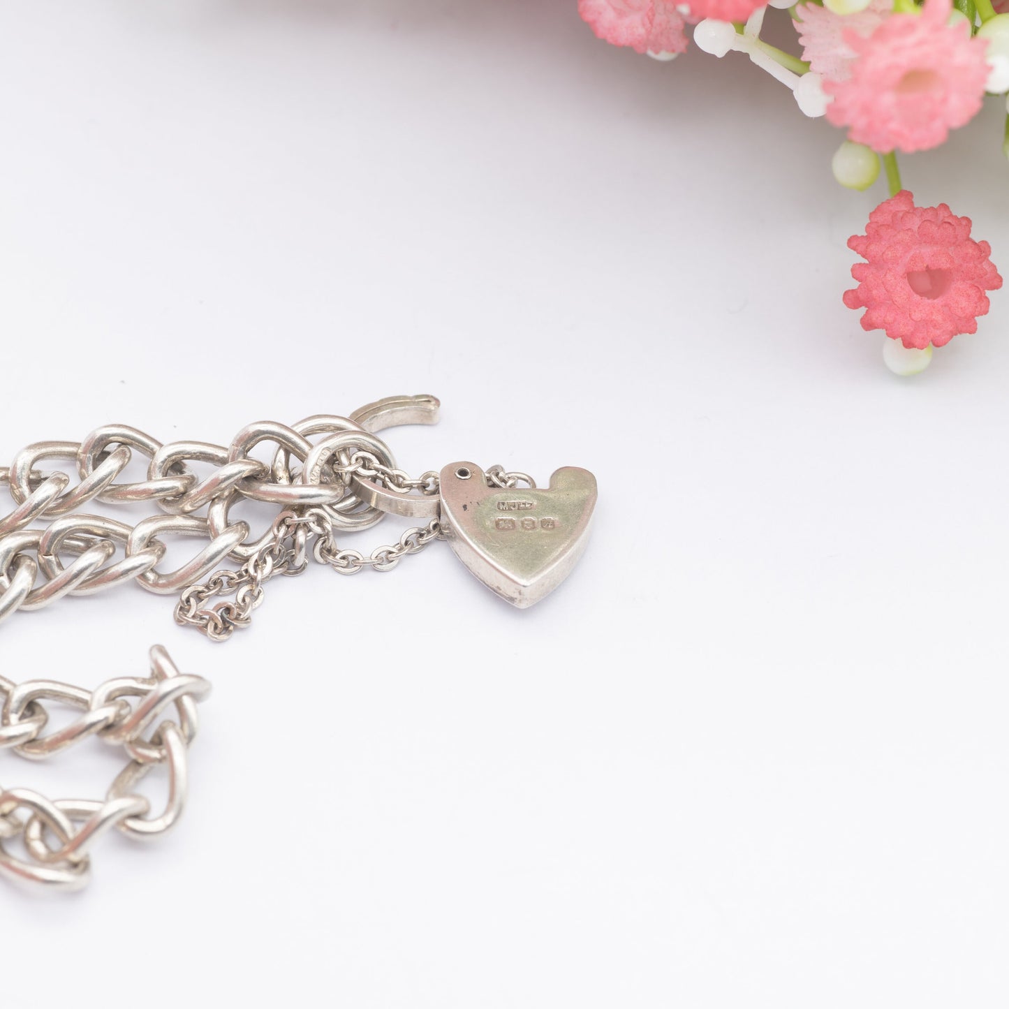 Vintage Sterling Silver Heart Padlock Clasp Chain Bracelet 1975 - Chunky Curb Links with Safety Chain