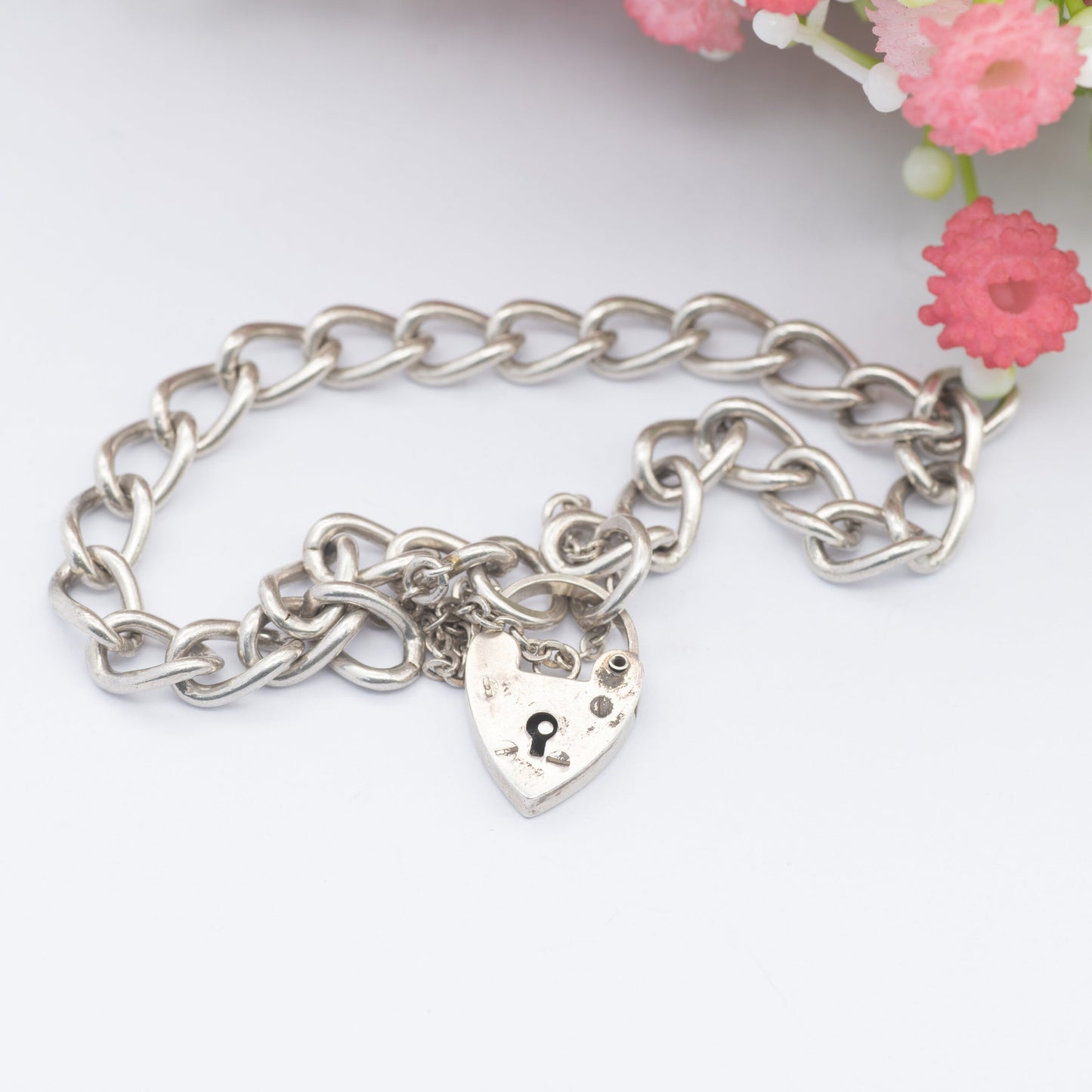 Vintage Sterling Silver Heart Padlock Clasp Chain Bracelet 1975 - Chunky Curb Links with Safety Chain