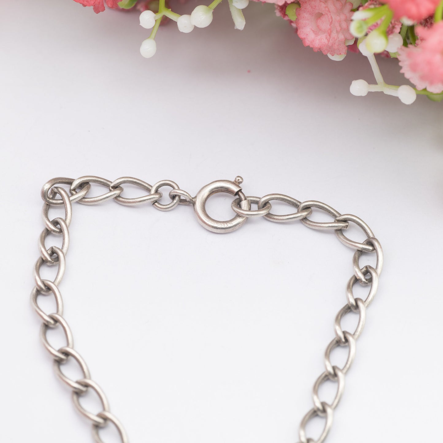 Vintage Sterling Silver Chain Bracelet - Oval Curb Links | Charm Bracelet