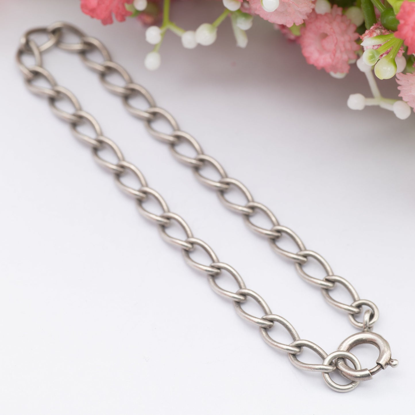 Vintage Sterling Silver Chain Bracelet - Oval Curb Links | Charm Bracelet