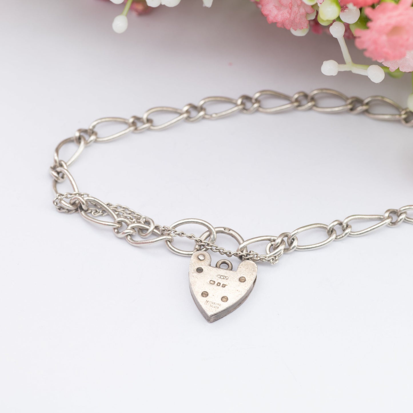 Vintage Sterling Silver Heart Padlock Clasp Chain Bracelet 1960 - Trombone Curb Links with Safety Chain