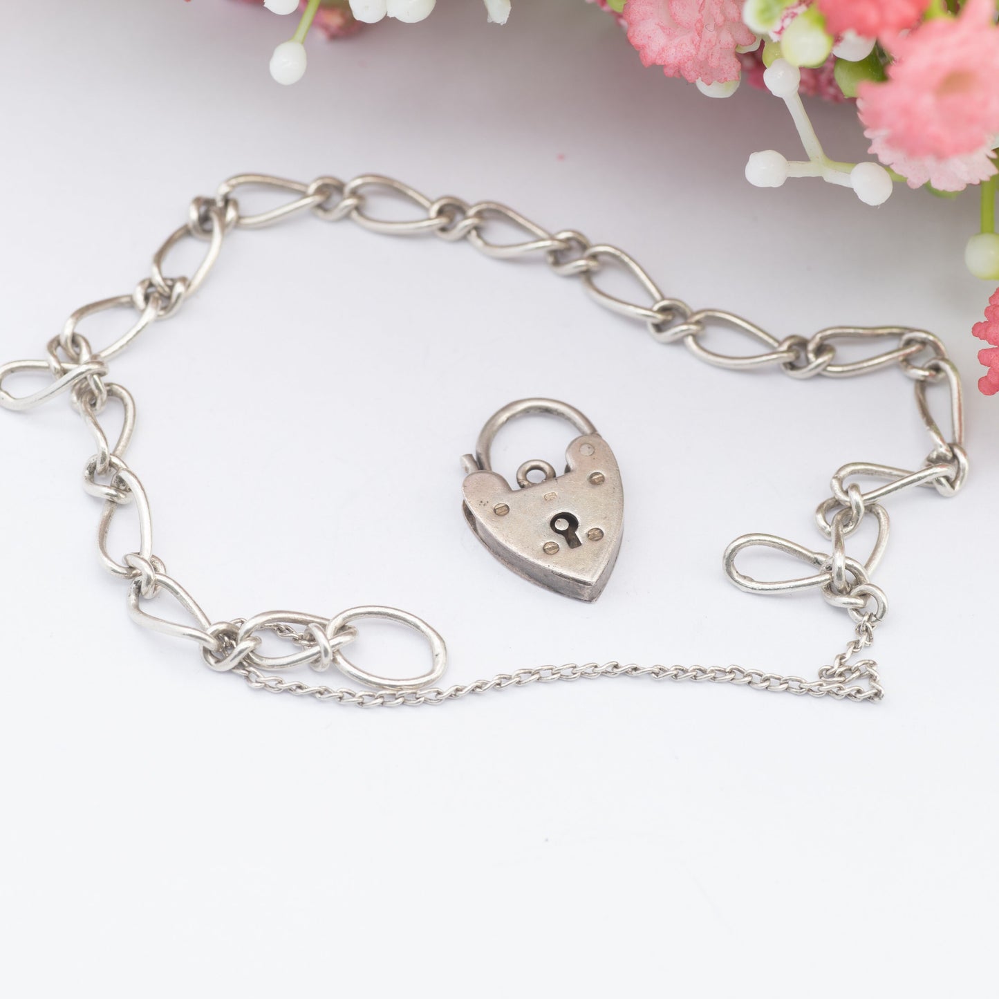 Vintage Sterling Silver Heart Padlock Clasp Chain Bracelet 1960 - Trombone Curb Links with Safety Chain