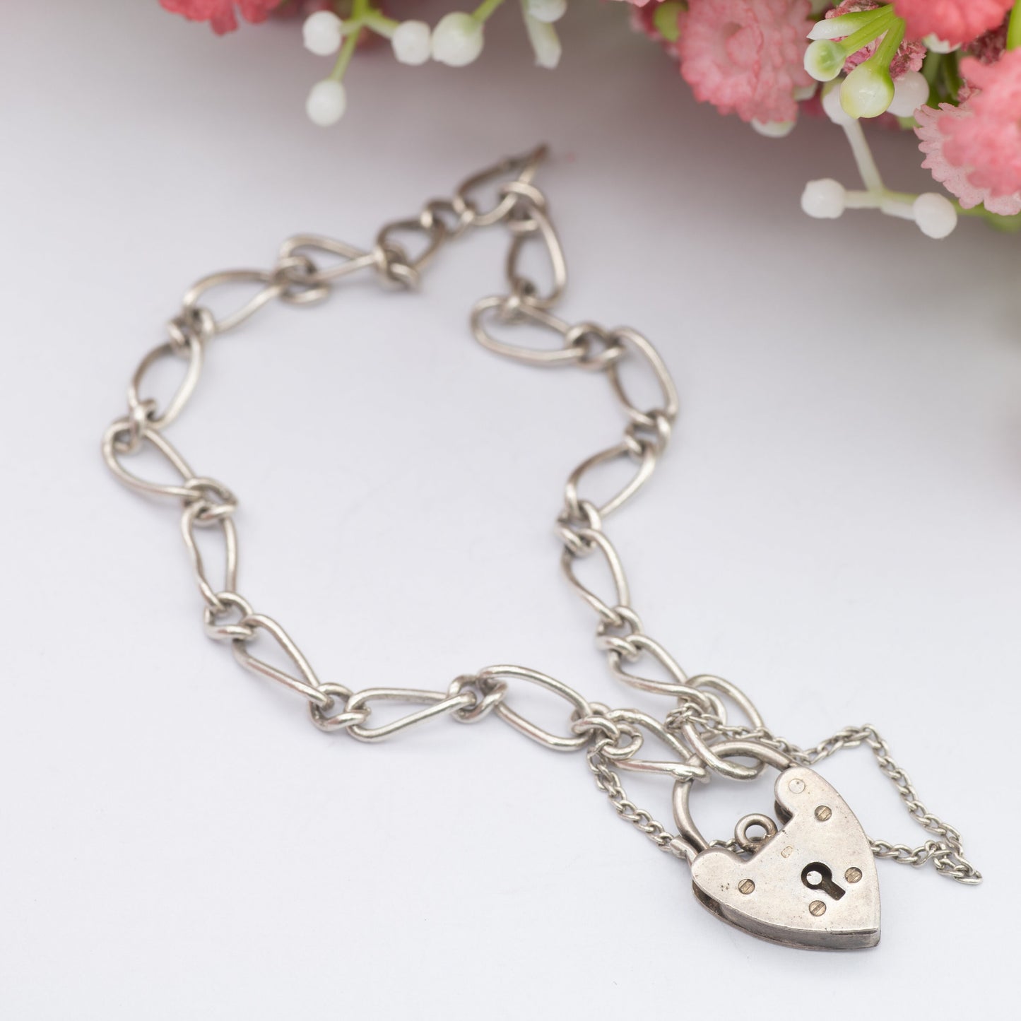 Vintage Sterling Silver Heart Padlock Clasp Chain Bracelet 1960 - Trombone Curb Links with Safety Chain