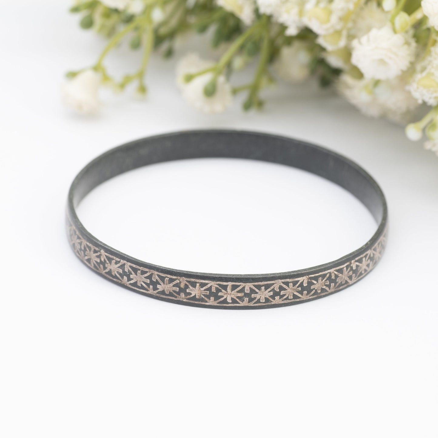 Vintage Black Niello Bangle Bracelet - Intricate Silver Inlay Star Design | Handmade Jewellery