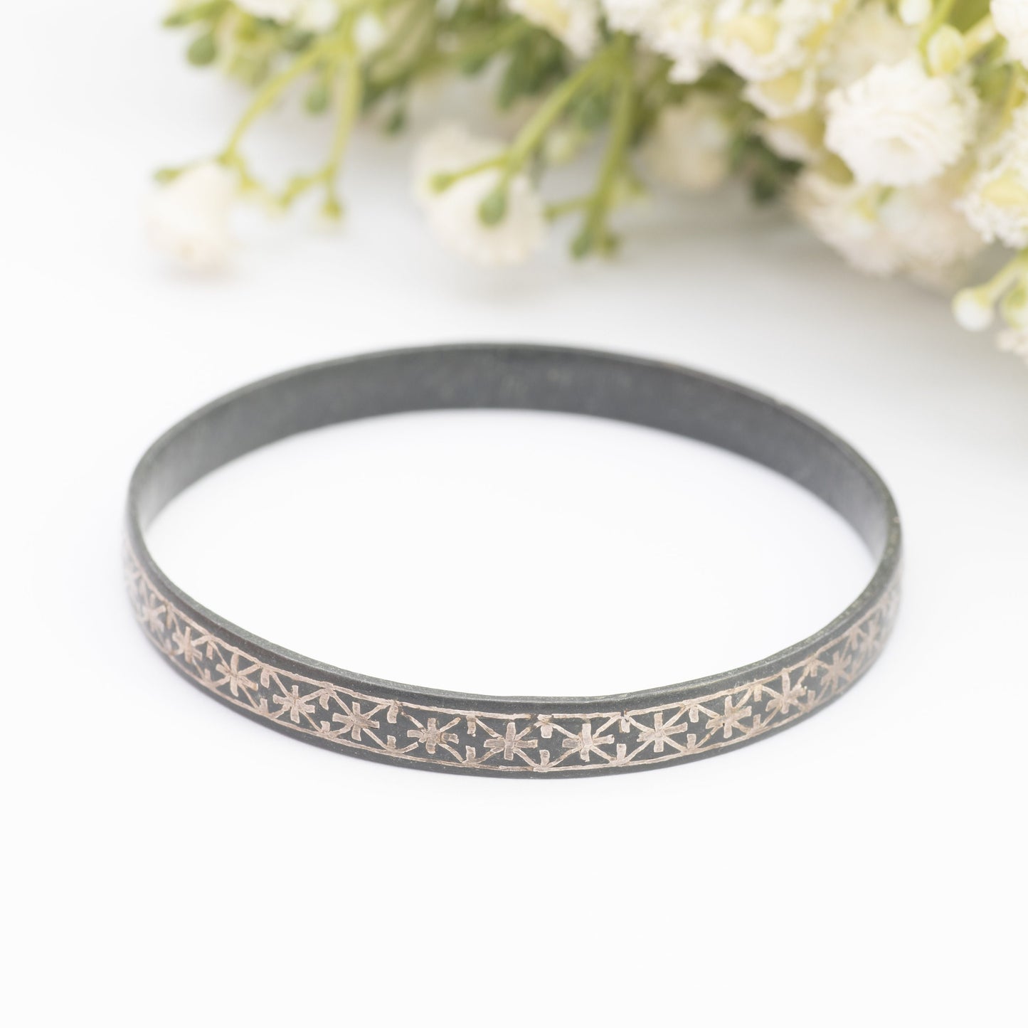 Vintage Black Niello Bangle Bracelet - Intricate Silver Inlay Star Design | Handmade Jewellery